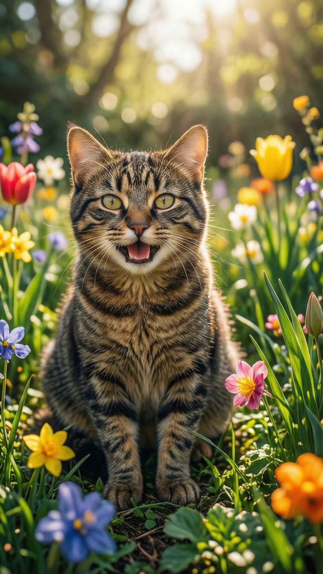 Cat in the Spring Garden 壁紙 — 一隻大眼睛的虎斑貓在斑駁陽光下，警覺地坐在色彩繽紛的春天花朵之間。