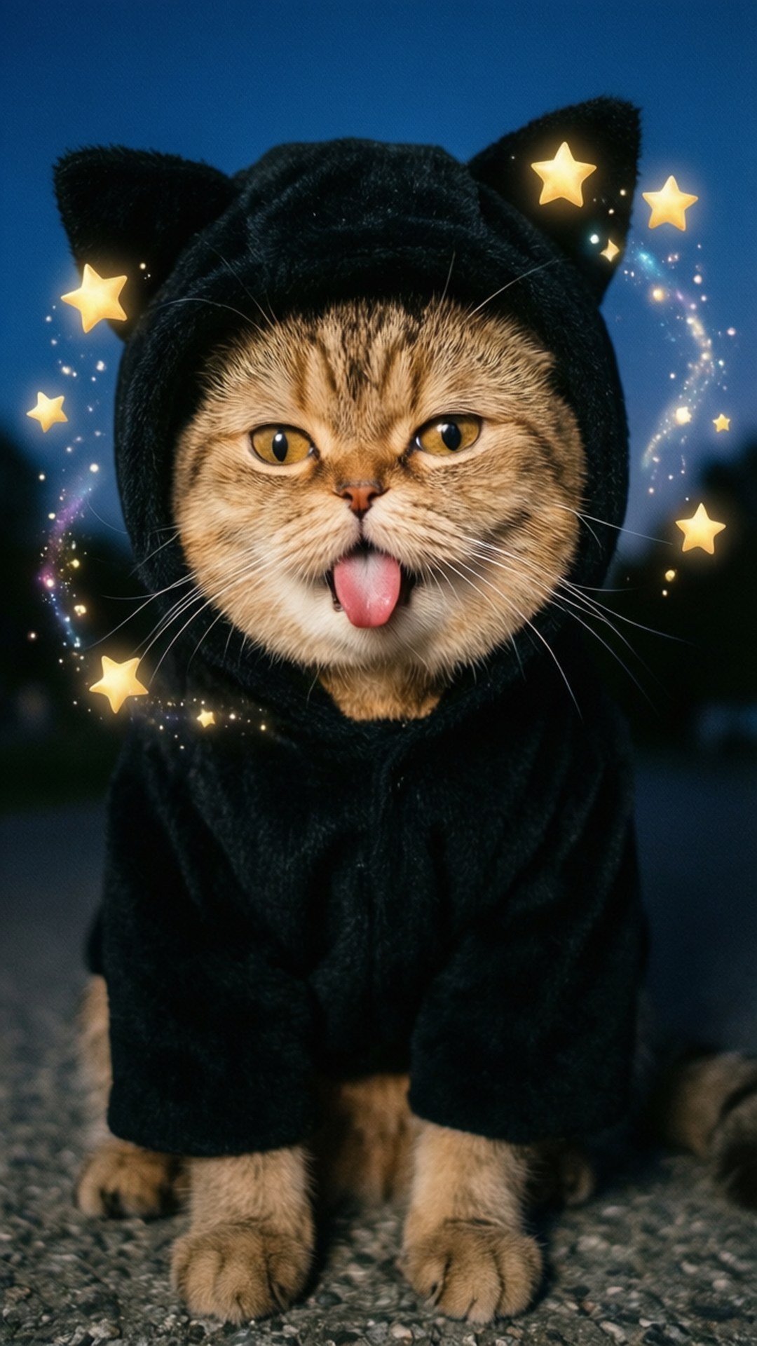 Playful Black Cat Persia 壁紙 — 一隻虎斑貓穿著黑色連帽服裝，帶有貓耳朵，在深藍色夜空下伸出舌頭，夜空中有發光的星星和閃爍的光芒。