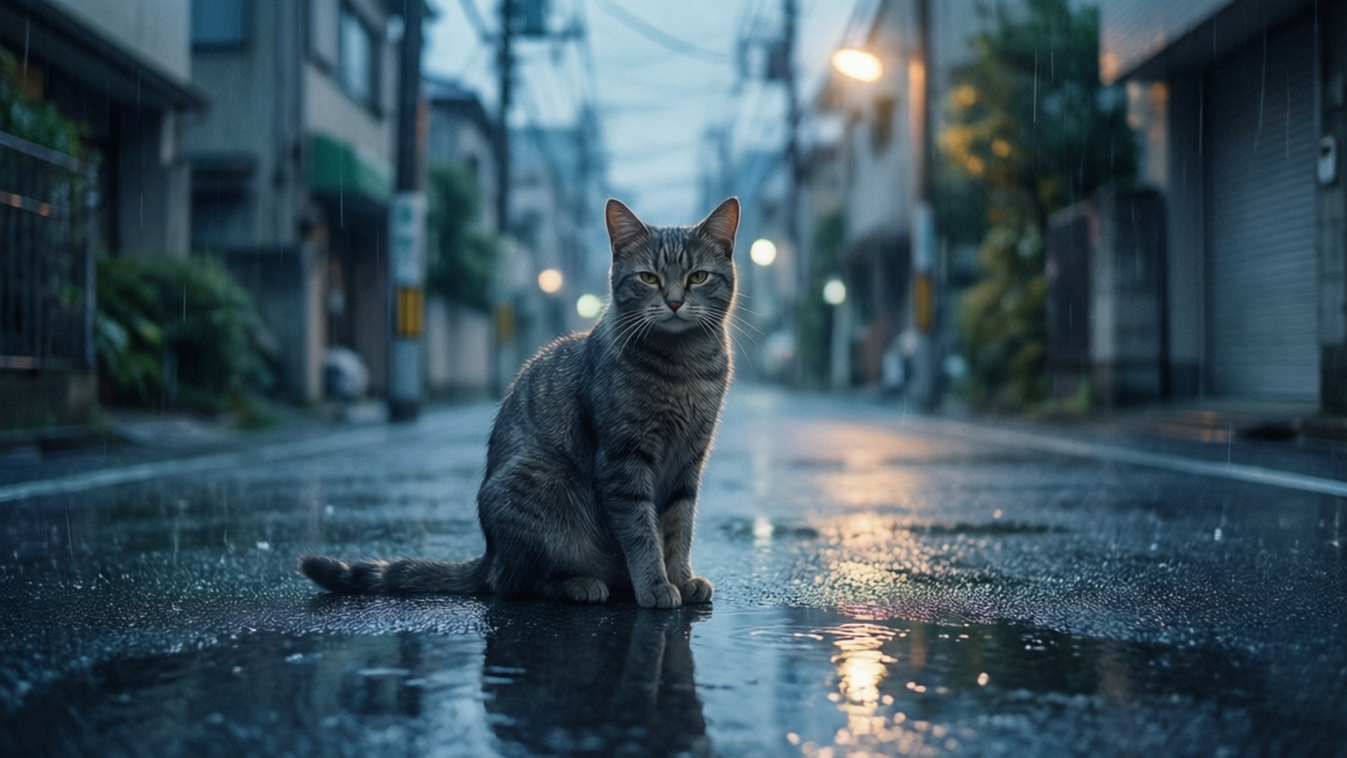 Lone Cat Rainy Street 壁紙 — 一隻虎斑貓在濕滑的都市街道上優雅地坐著，街燈在霧濛濛的暮色中柔和地發光。