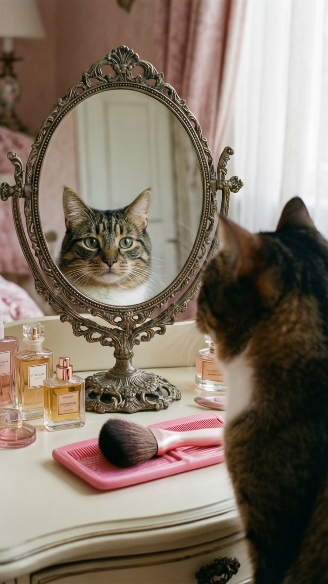 Vanity Mirror Reflection 壁紙 — 一隻虎斑貓專注地看著它在華麗復古鏡子中的倒影，鏡子放在一個有香水瓶和粉紅色刷子的梳妝台上。