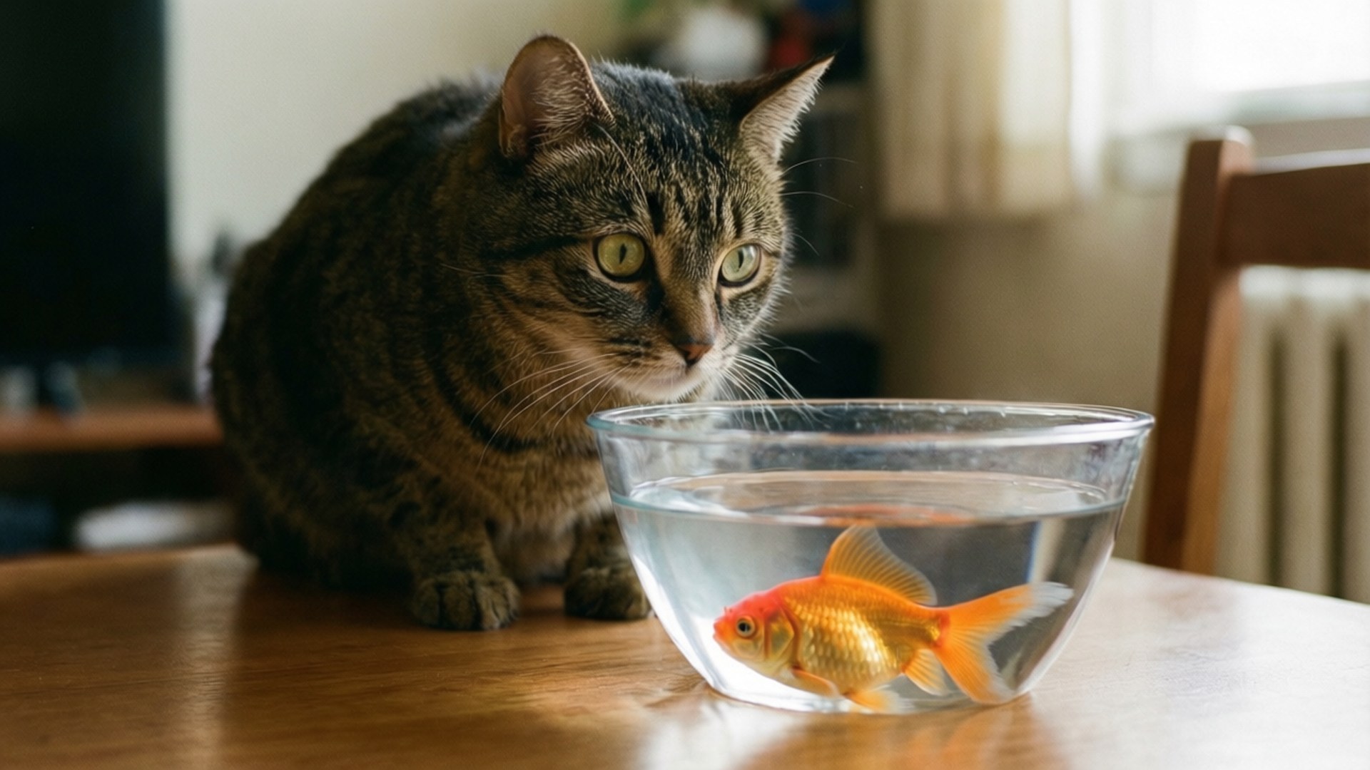 Cat and Goldfish Gaze 壁紙 — 一隻綠眼虎斑貓專注地看著木桌上透明玻璃碗中游動的金魚。