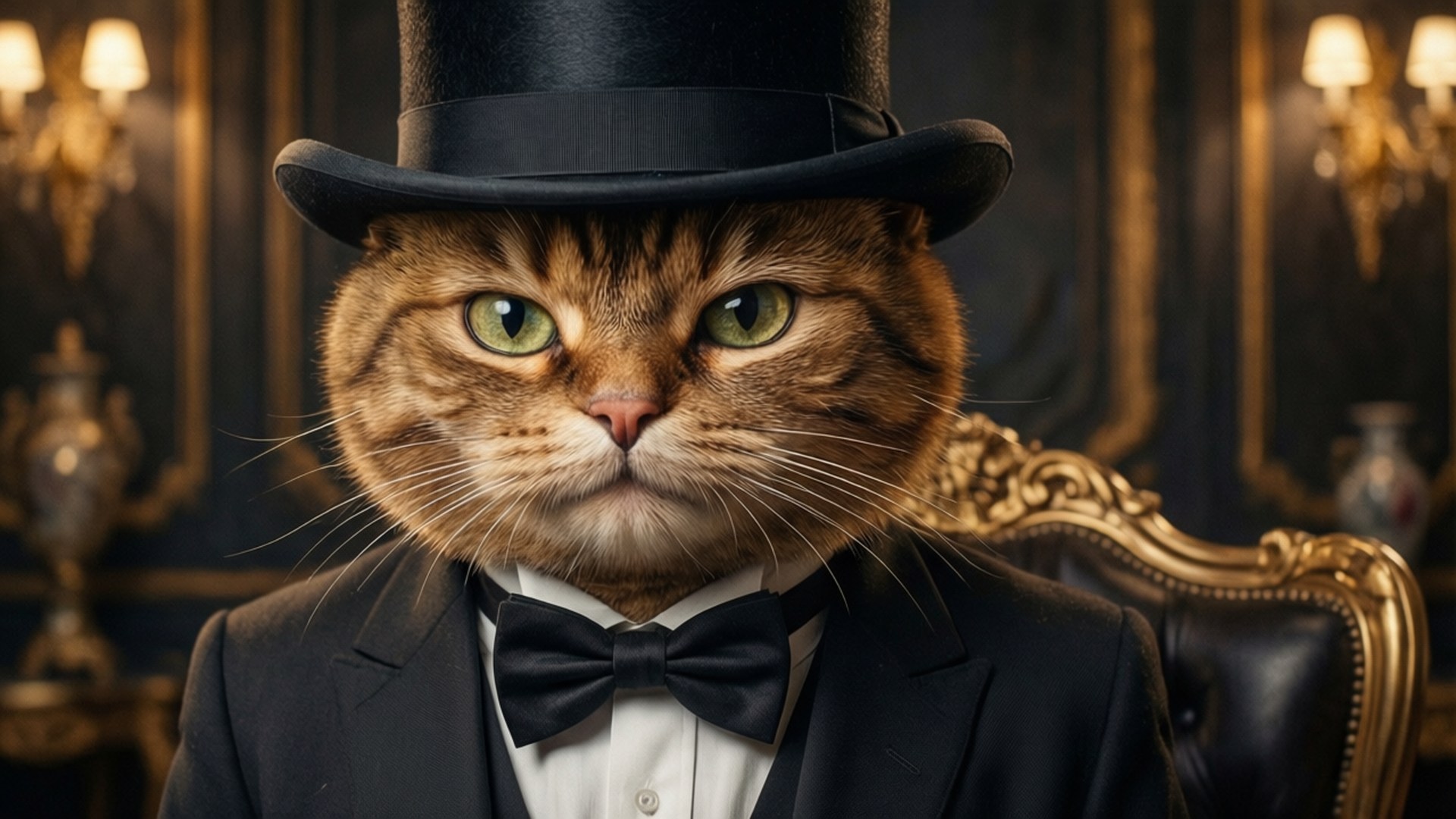 Elegant Gentleman Felix 壁紙 — 一隻虎斑貓戴著黑色高帽和燕尾服，威嚴地坐在一間燈光昏暗、裝飾華麗的房間裡的金邊椅子上。