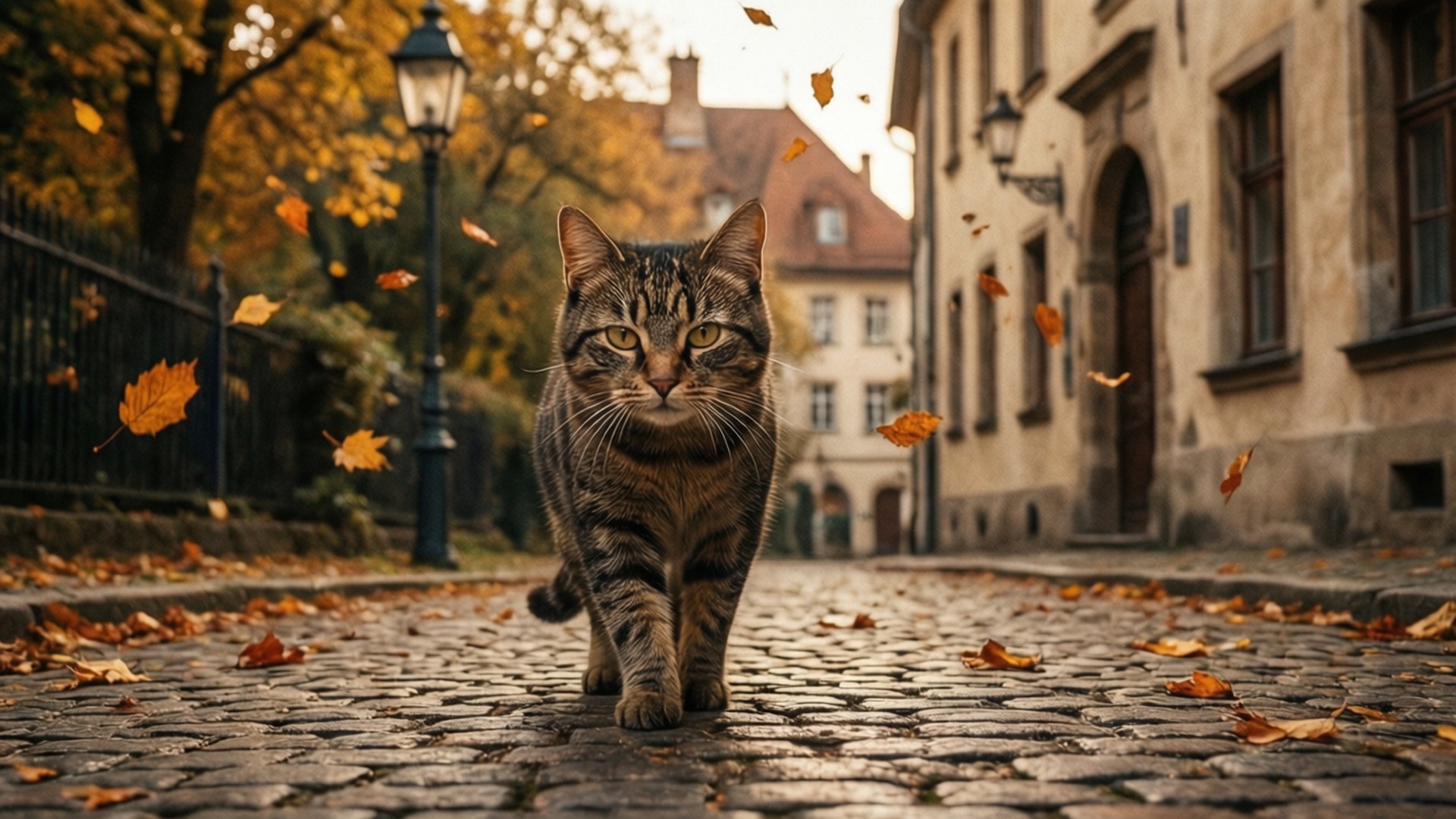 European Stroll Mimi 壁紙 — 一隻虎斑貓自信地走在鵝卵石街道上，金色秋葉在牠周圍旋轉飄落。