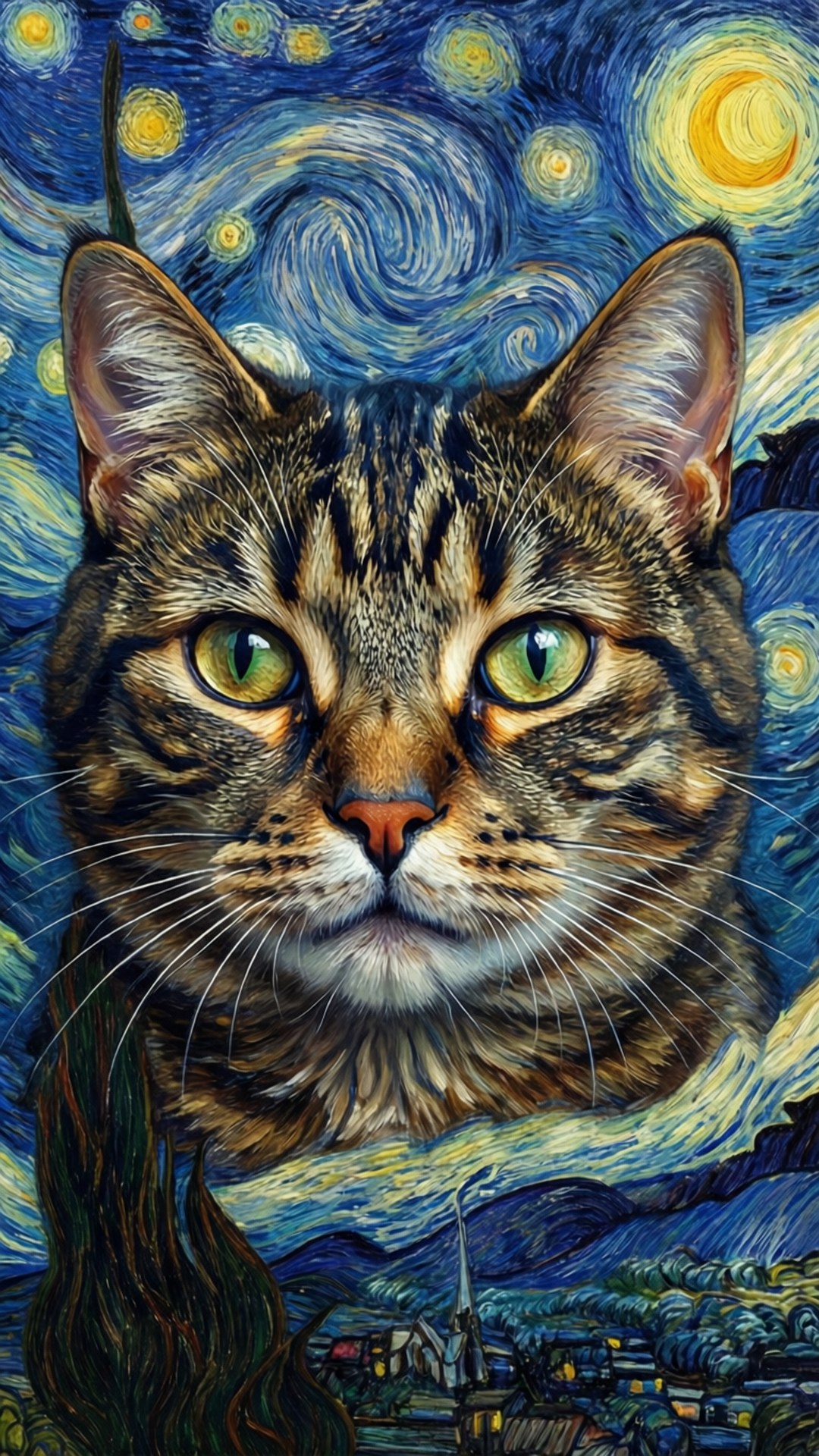 Starry Night Cat 壁紙 — 一隻綠眼虎斑貓在梵谷風格繪製的漩渦星空前凝視前方。
