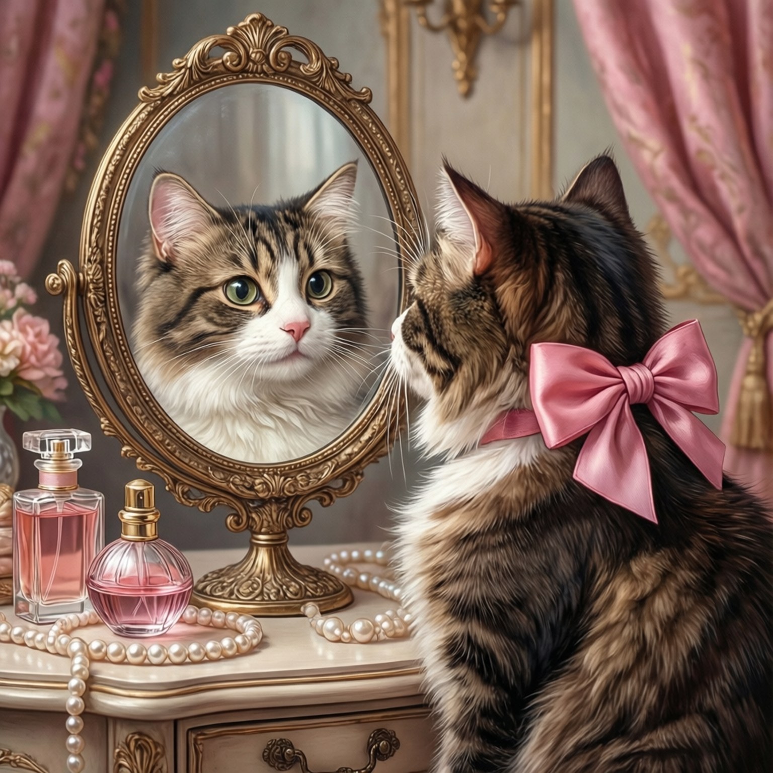 Vain Mirror Gaze 壁紙 — 一隻戴著粉紅色蝴蝶結的虎斑貓凝視著它在華麗金鏡中的倒影，旁邊有香水瓶和珍珠。