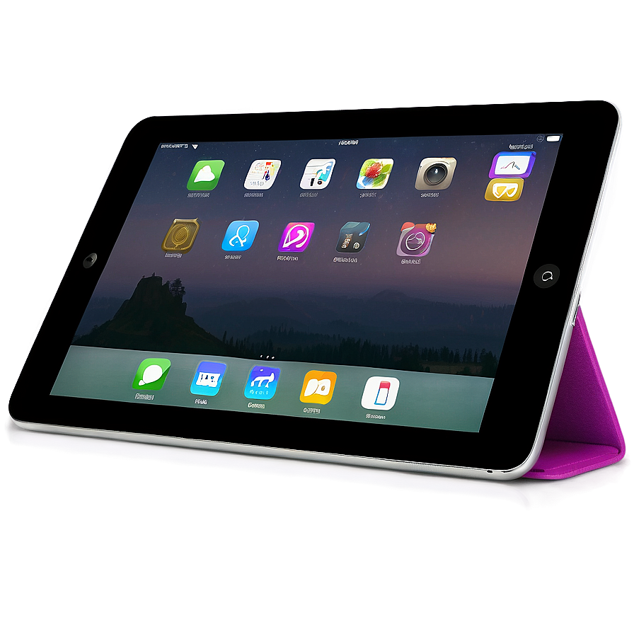 平板電腦在粉紅色保護殼中顯示山脈桌布，環境光下 — iPad 壁紙