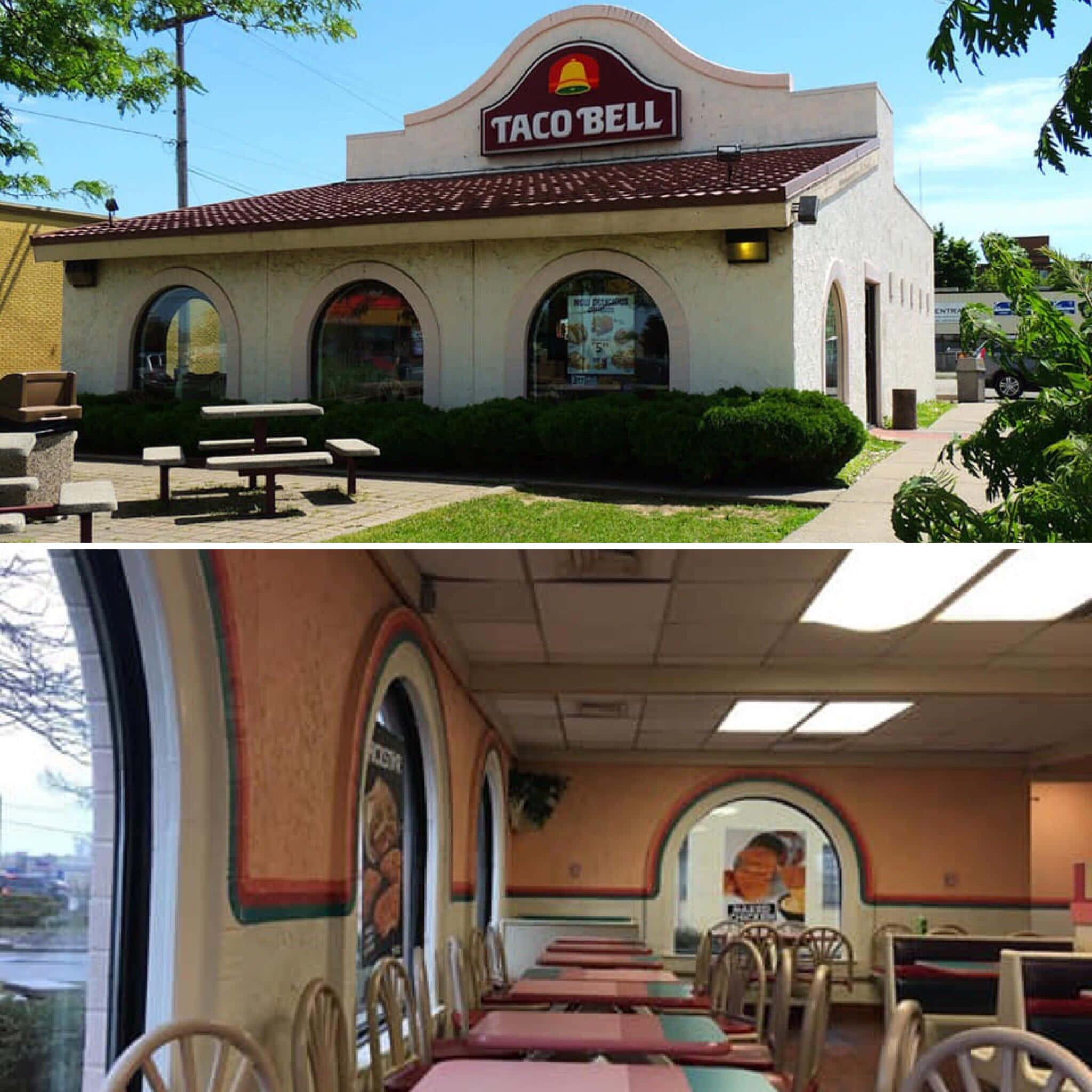 塔可鐘 桌布 壁紙 — Taco Bell 餐廳外觀設有野餐桌，內部則有拱形窗戶和紅色桌子，在螢光燈下。