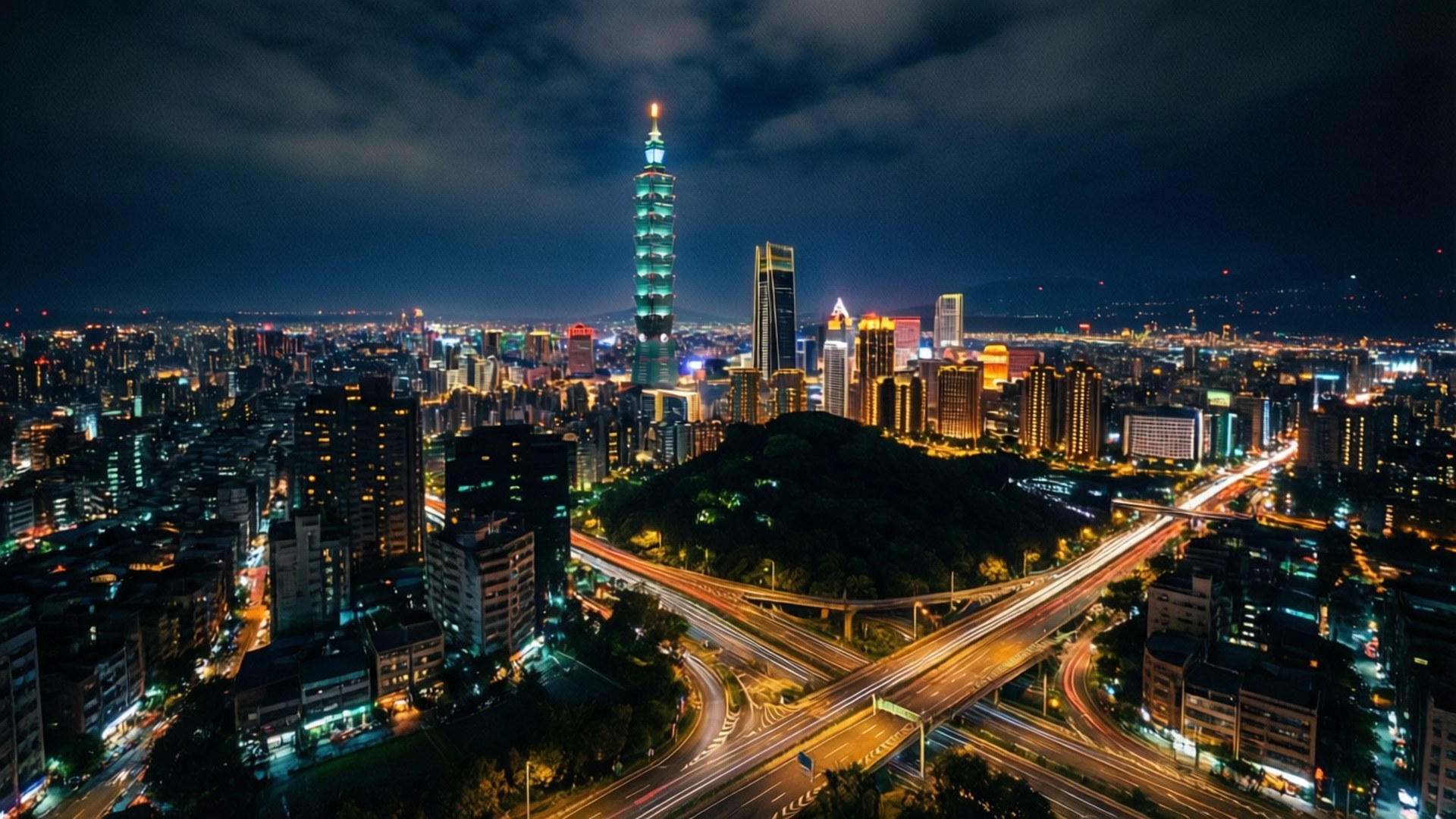 台北夜間鳥瞰圖，燈火通明的建築物和高速公路上的光跡。 — 台北 壁紙