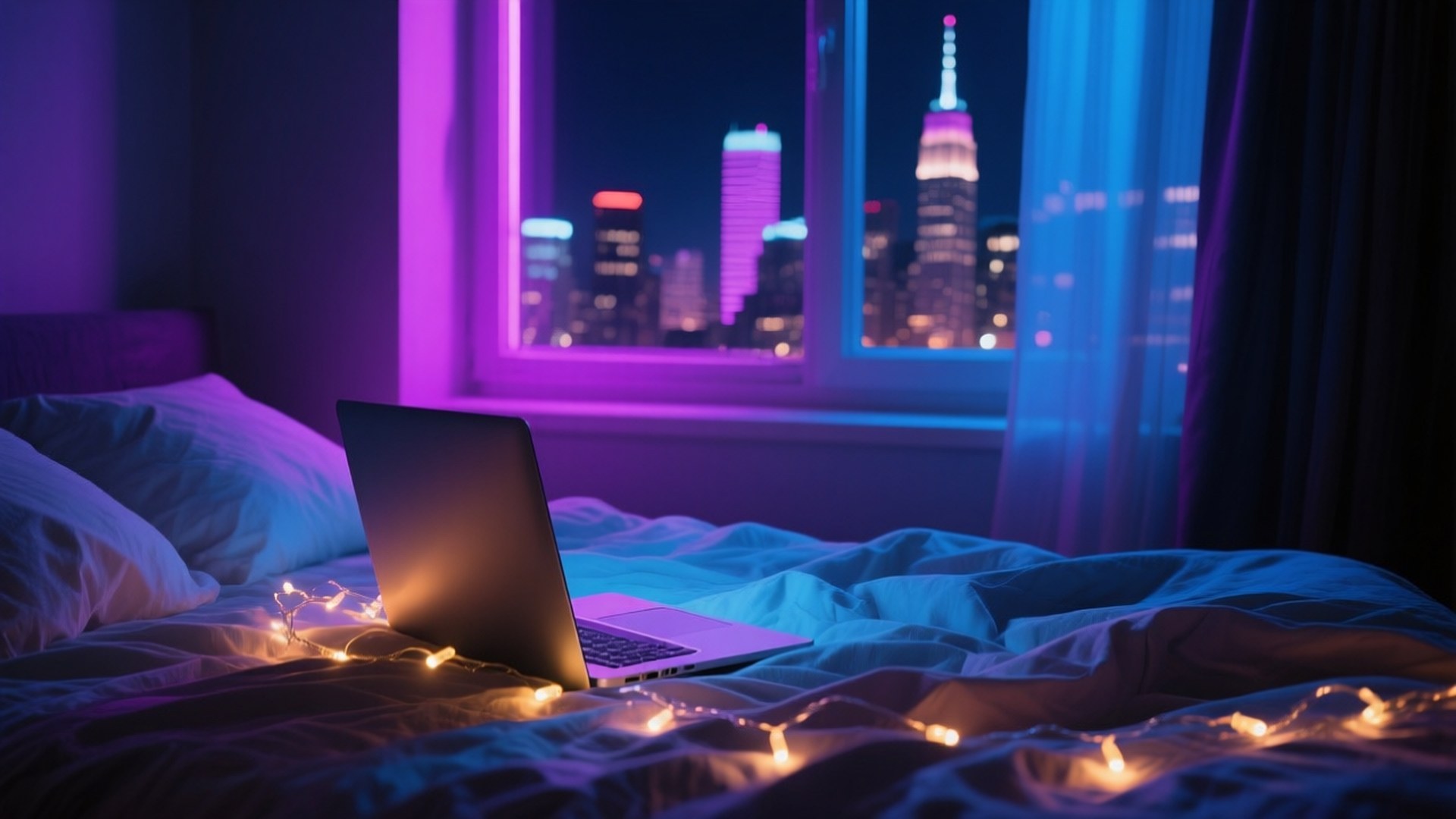 Neon Night Laptop 壁紙 — 一台筆記型電腦放在床上，串燈溫暖地發光，窗戶外是夜晚霓虹燈照亮的天際線。