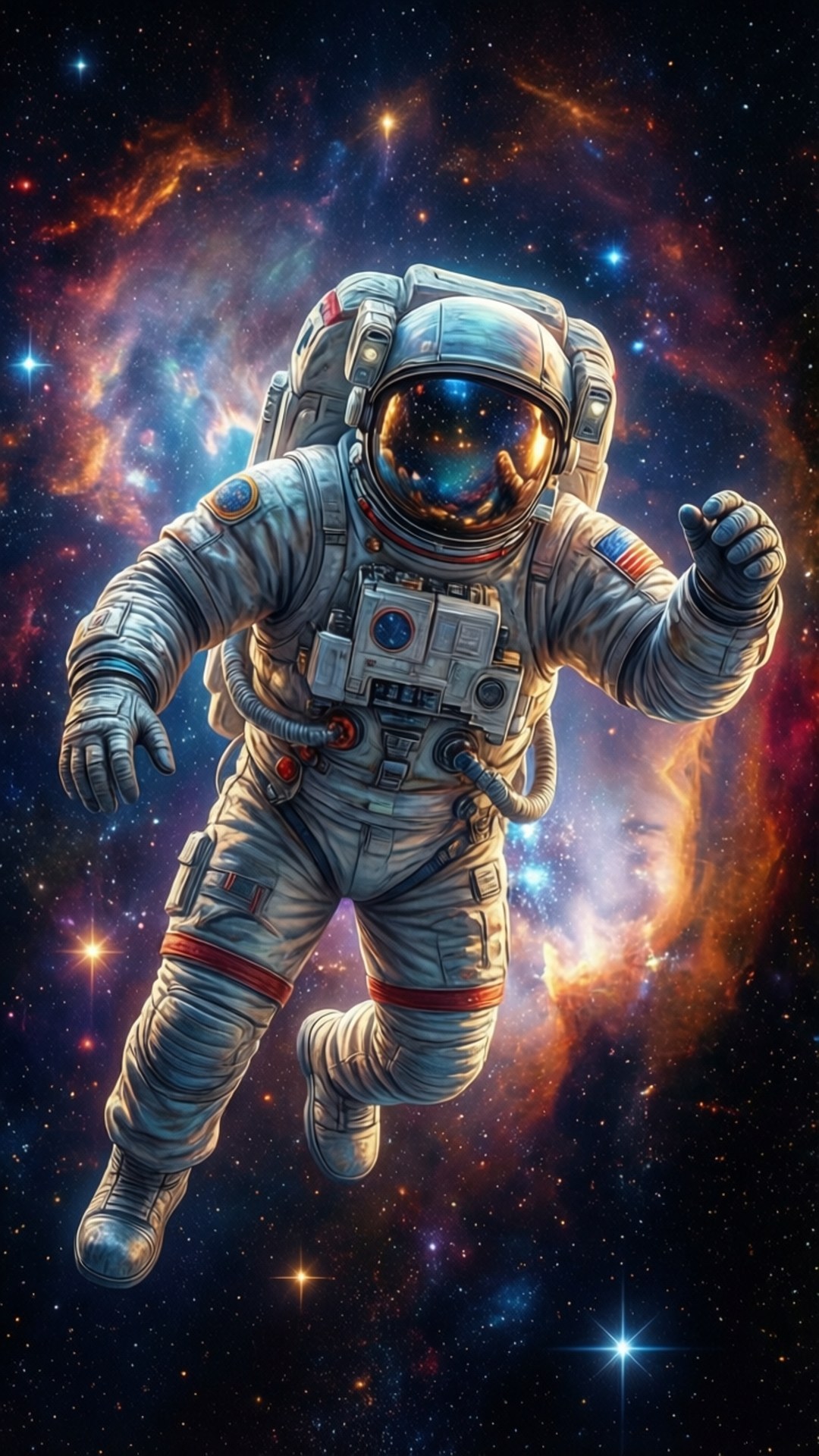 Astronaut Nebula 壁紙 — 一名太空人穿著細節豐富的太空衣，漂浮在充滿發光恆星和旋轉紅橙藍雲彩的鮮豔宇宙星雲中。