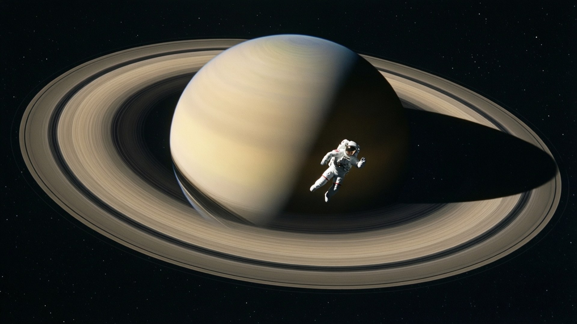 Rings of Saturn 壁紙 — 太空人在土星標誌性環附近漂浮，背景是繁星點點的黑色虛空。