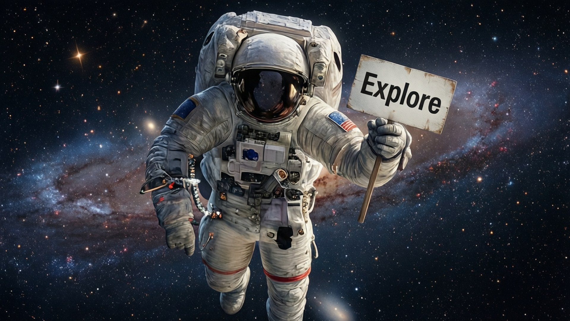 Explore Sign Astronaut 壁紙 — 一名太空人在太空漂浮，手持寫有 explore 的標語牌，背景是星星和色彩繽紛的星雲。