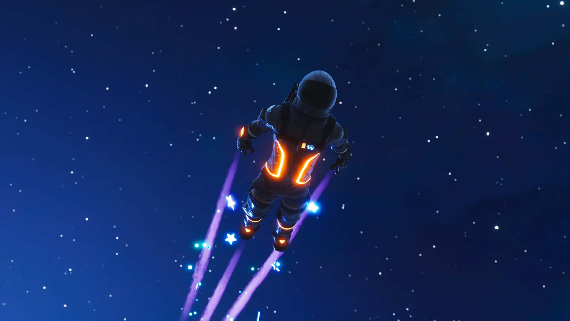 太空人在星空背景下漂浮在太空中，推進器發光。 — Fortnite 壁紙