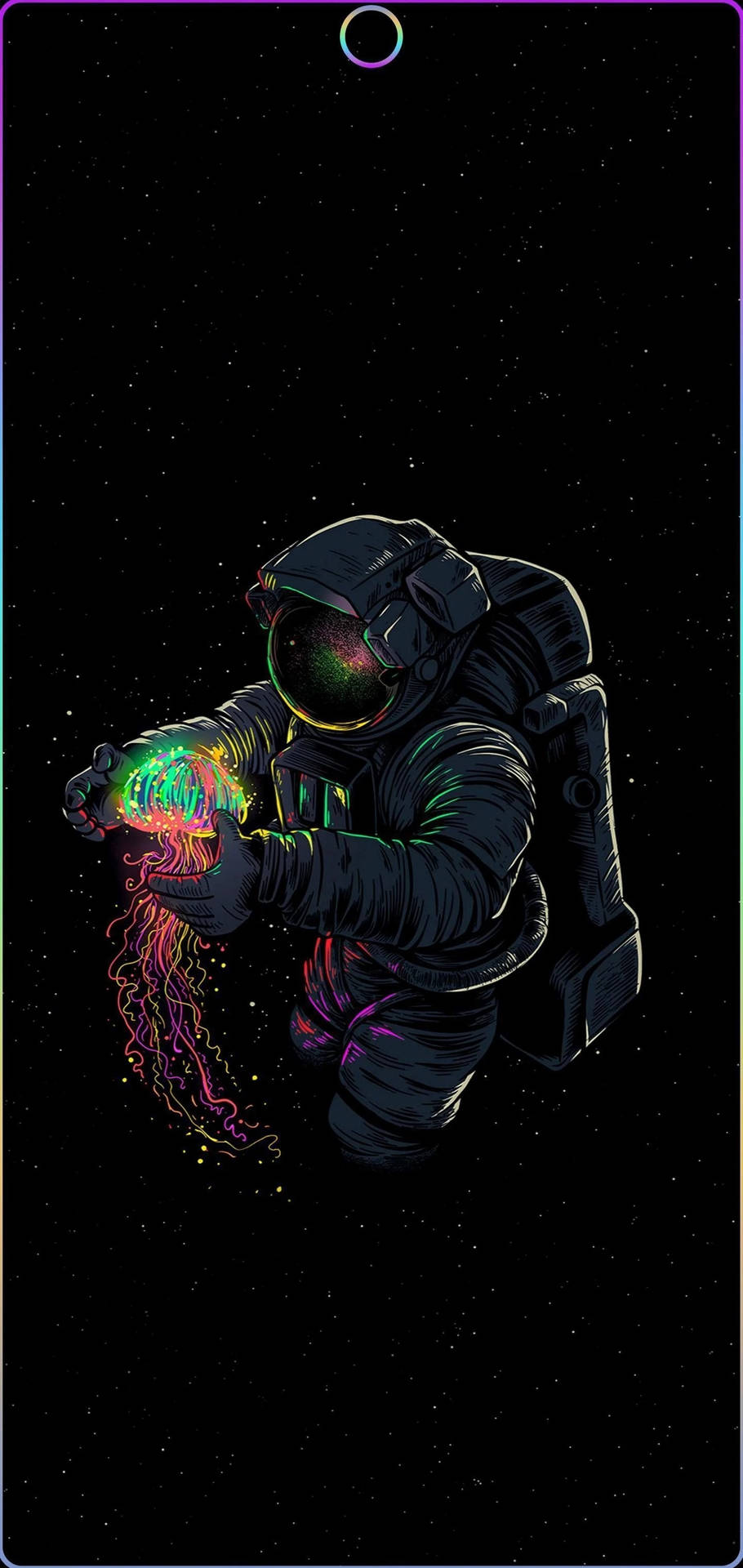 太空人漂浮在太空中，手持發光的霓虹水母。 — Amoled 壁紙
