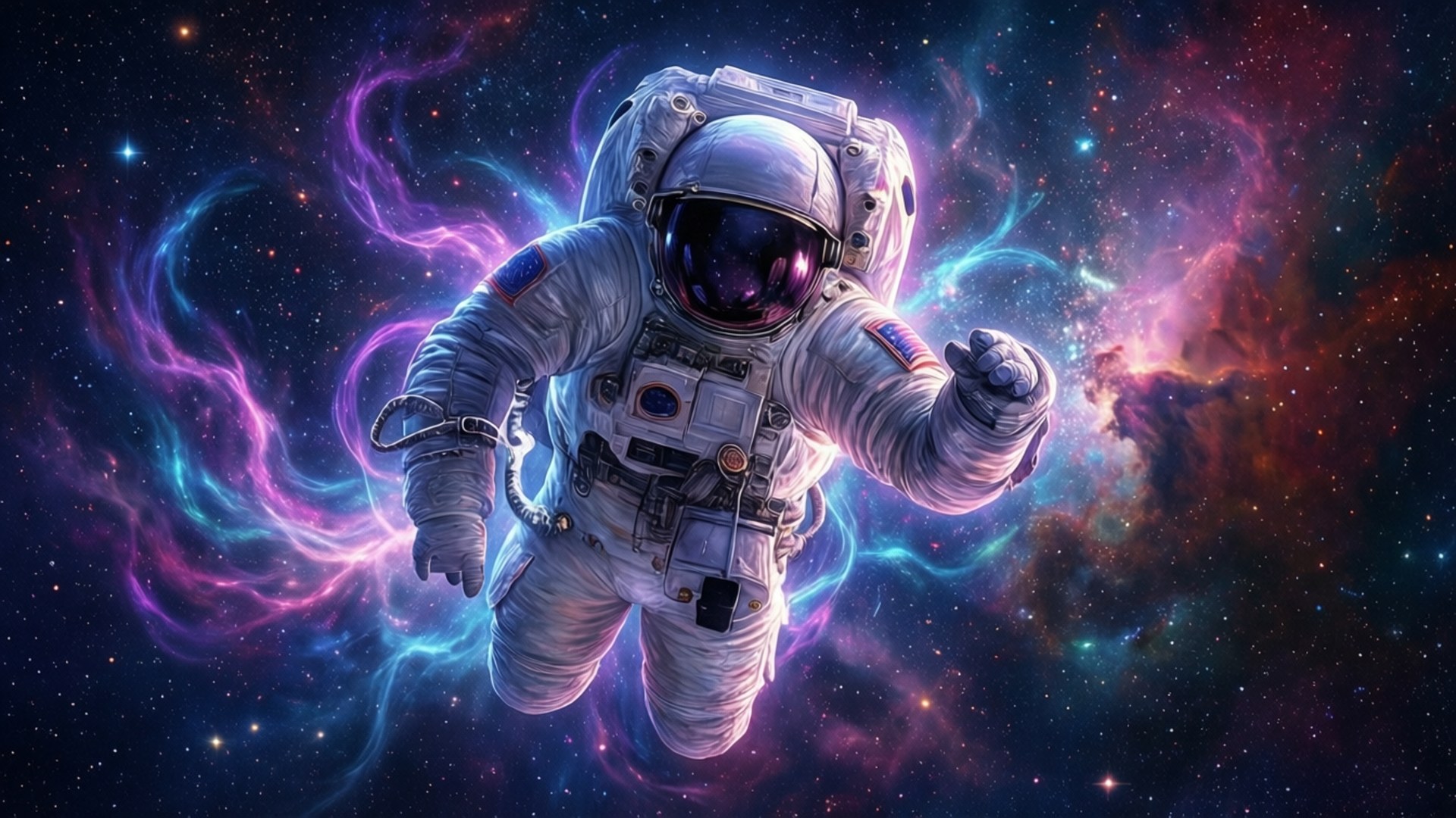 Nebula Floating Astronaut 壁紙 — 一名太空人在充滿活力的宇宙星雲中漂浮，星雲中有旋轉的紫色、藍色和紅色雲朵，背景是繁星點點的黑色。