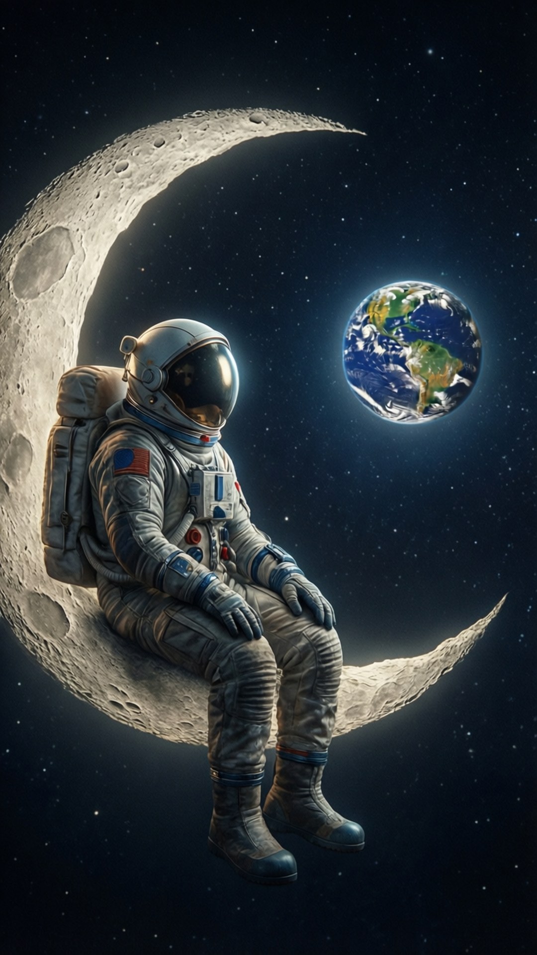 Moon Sitter Astronaut 壁紙 — 一名太空人平靜地坐在新月上，凝視著在繁星虛空中發光的地球。
