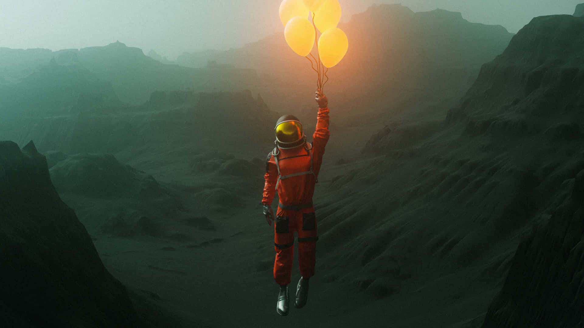  壁紙 — 一名穿著橙色太空衣的太空人漂浮在荒蕪的外星峽谷上空，手持發光的黃色氣球。