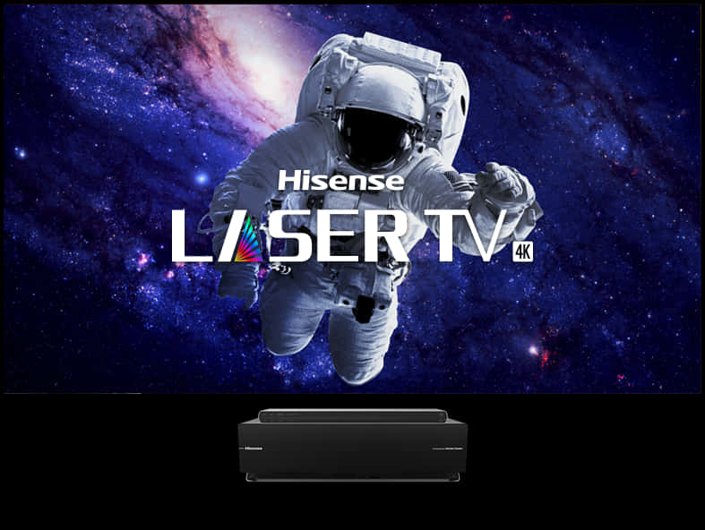 Hisense Laser TV 4K 顯示太空人在色彩繽紛的太空星雲中，下方有黑色電視盒。 — 4K 壁紙