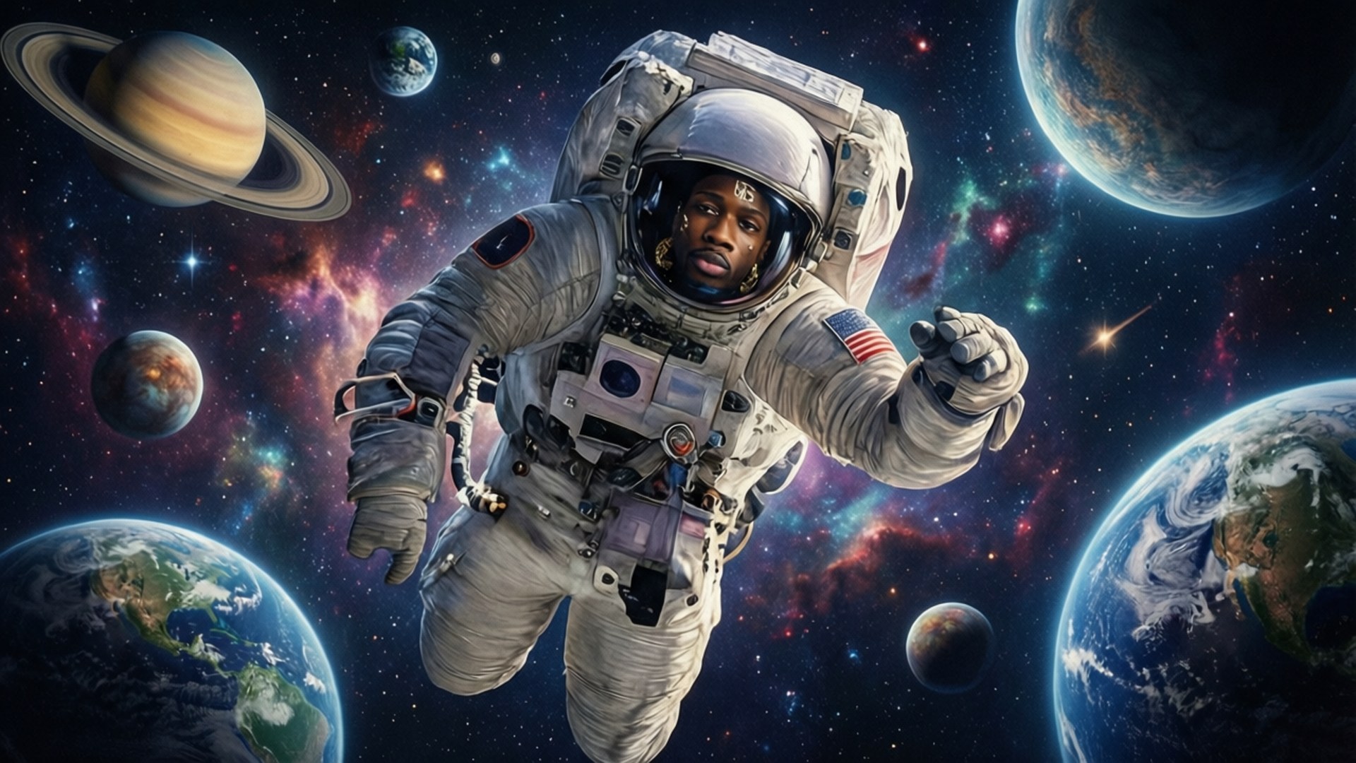 Astronaut Dreams 壁紙 — 一名太空人在太空漂浮，被鮮豔的星雲和多個行星（包括地球和土星）環繞。