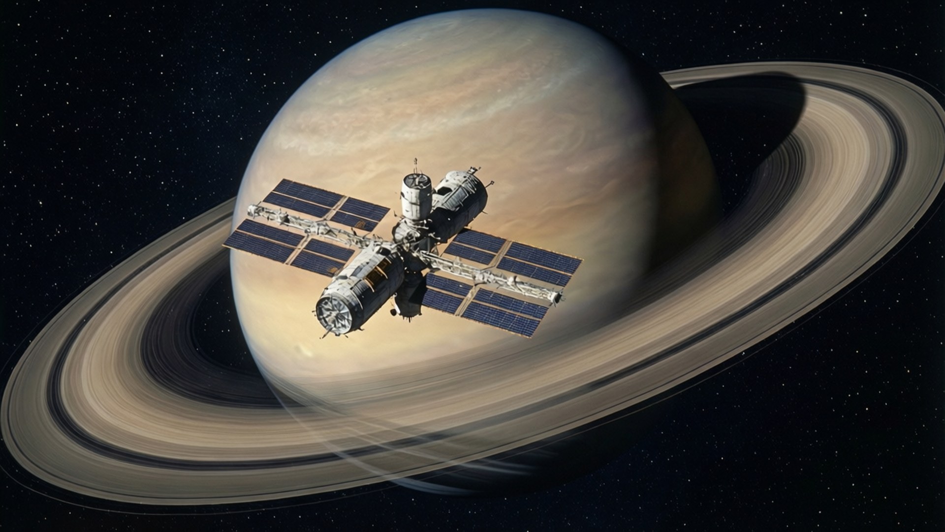 Orbital Station 壁紙 — 一個詳細的太空站帶有太陽能板，環繞著一個巨大的環狀行星，背景是佈滿星星的黑色天空。