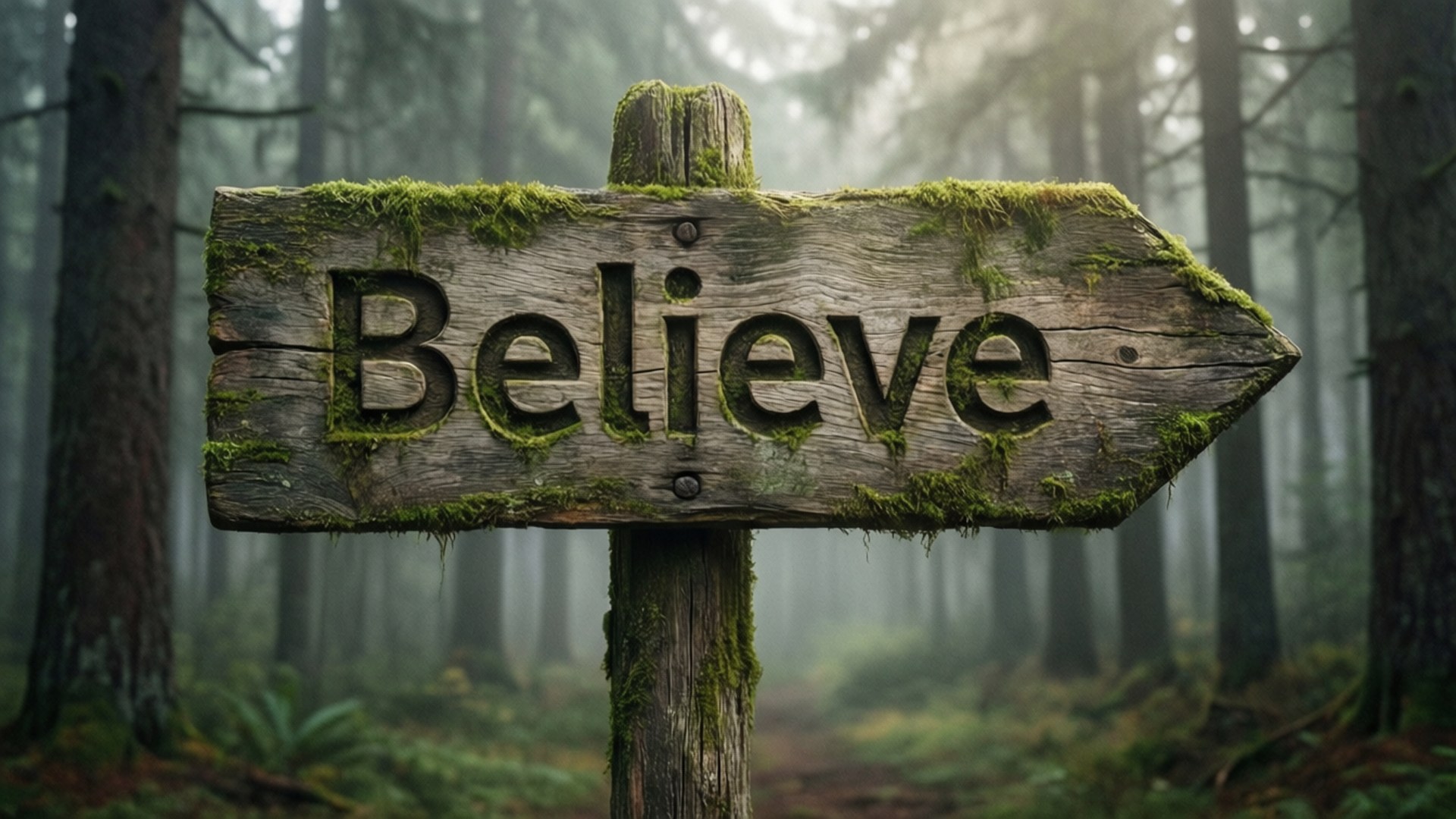 believe 桌布 壁紙 — 一個長滿苔蘚的木製標誌，上面寫著「Believe」，指向迷霧森林，有高大的樹木和柔和散射的光線。