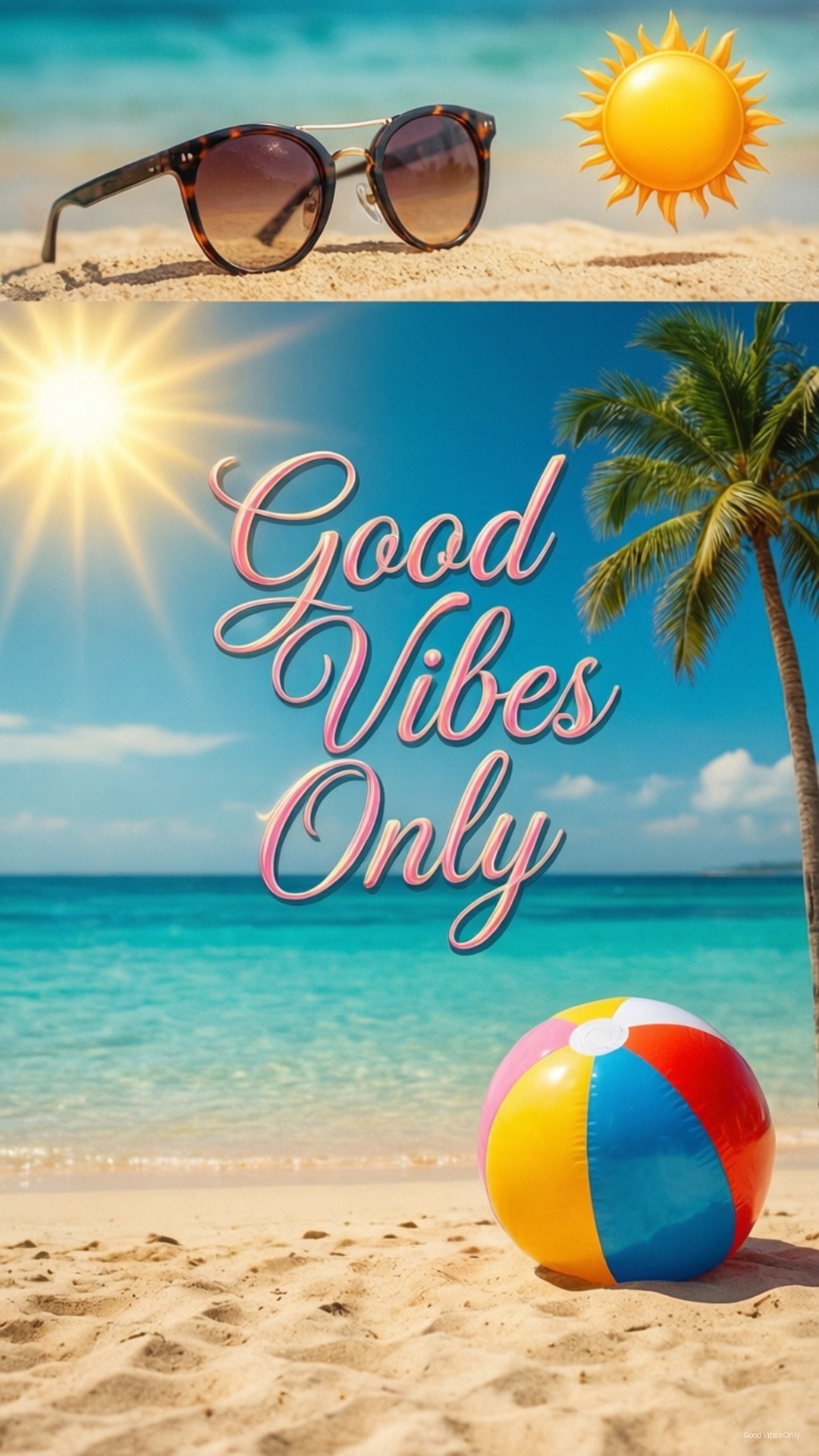 Good Vibes Summer Collage 壁紙 — 太陽眼鏡和太陽圖標放在沙上，上方是熱帶海灘場景，有棕櫚樹、彩色球和'Good Vibes Only'文字。