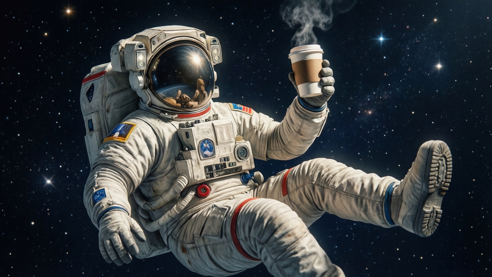 Coffee in Space 壁紙 — 一名太空人在太空漂浮，手持一杯冒煙的咖啡，背景是星光燦爛的宇宙。