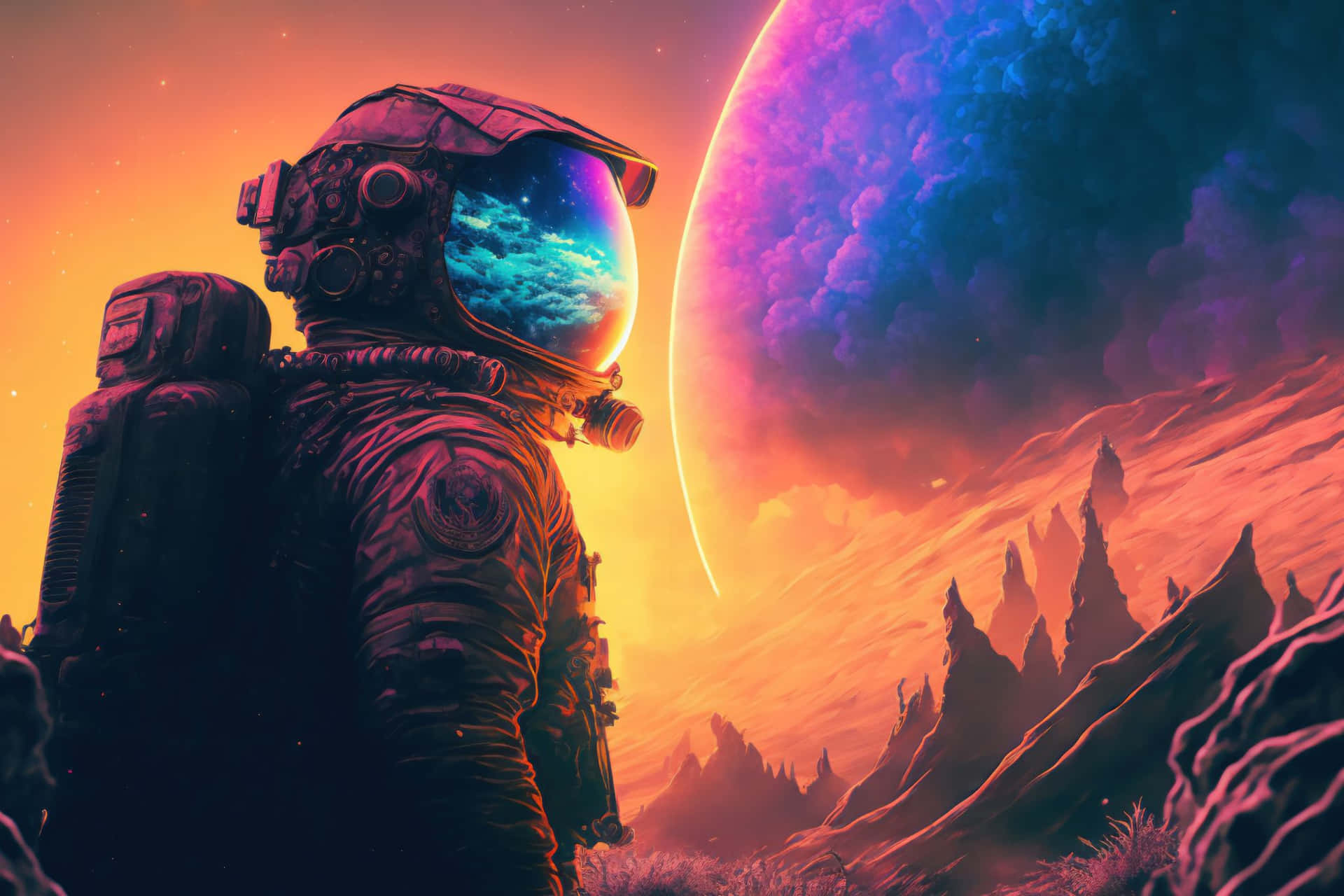  壁紙 — 一名穿著細節豐富太空衣的太空人，凝視著一顆充滿活力的外星行星，該行星有紫色雲層和橙色地形，天空閃耀。