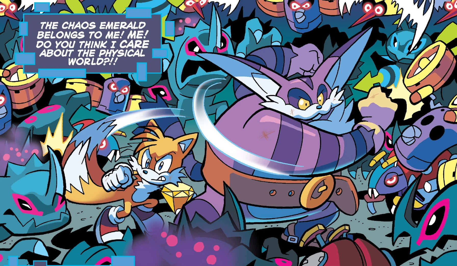 Big The Cat 桌布 壁紙 — Tails 和一個紫色貓咪反派在一個充滿活力的漫畫格中，於混亂的機械敵人 swarm 中衝突。