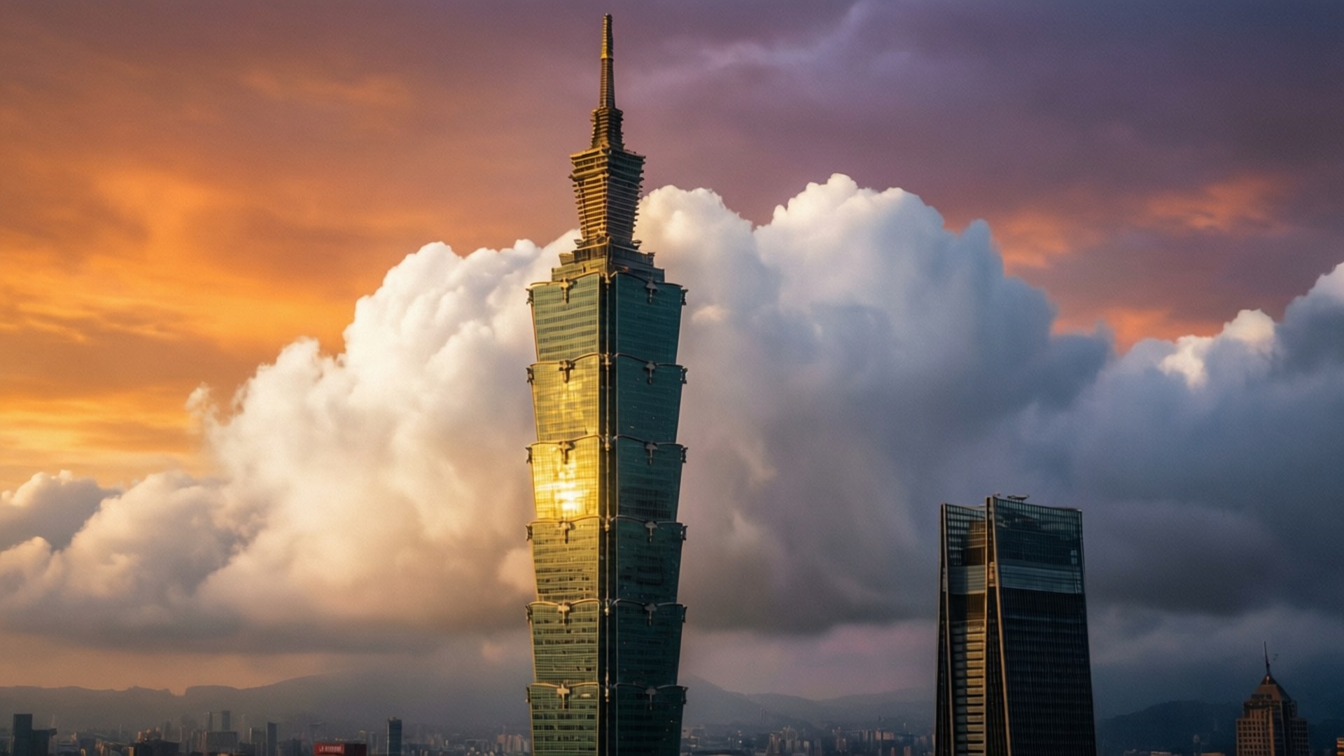 台北101大樓在日落光線中發光，背後有雲和城市景觀 — 台北 壁紙