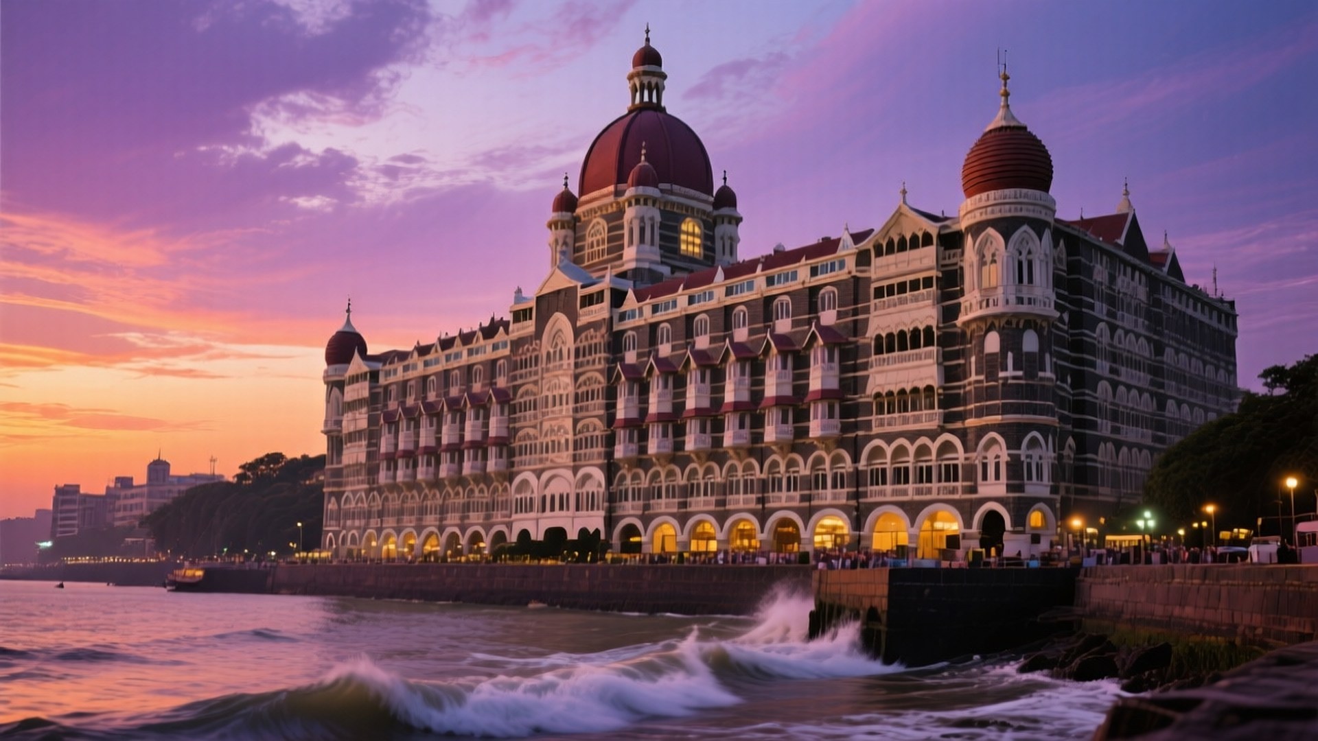 Taj Palace Sunset 壁紙 — 孟買的泰姬瑪哈皇宮酒店在充滿活力的紫色和橙色日落中溫暖地發光，海浪拍打著其海濱基地。