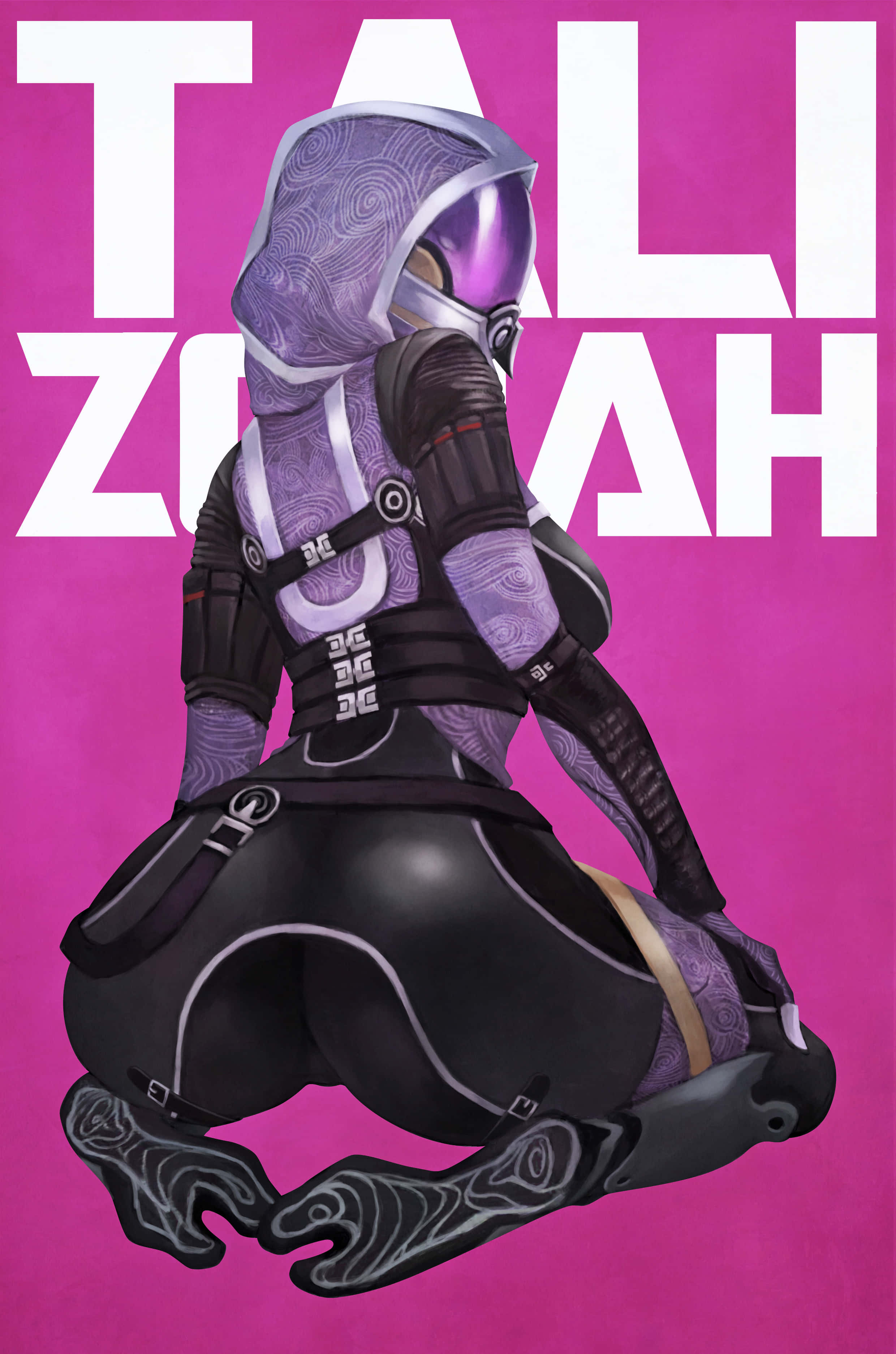 Tali'zorah 桌布 壁紙 — Tali Zorah 穿著她標誌性的紫色和黑色盔甲，在充滿活力的粉紅色背景上跪著，並帶有粗體白色文字的風格化插圖。
