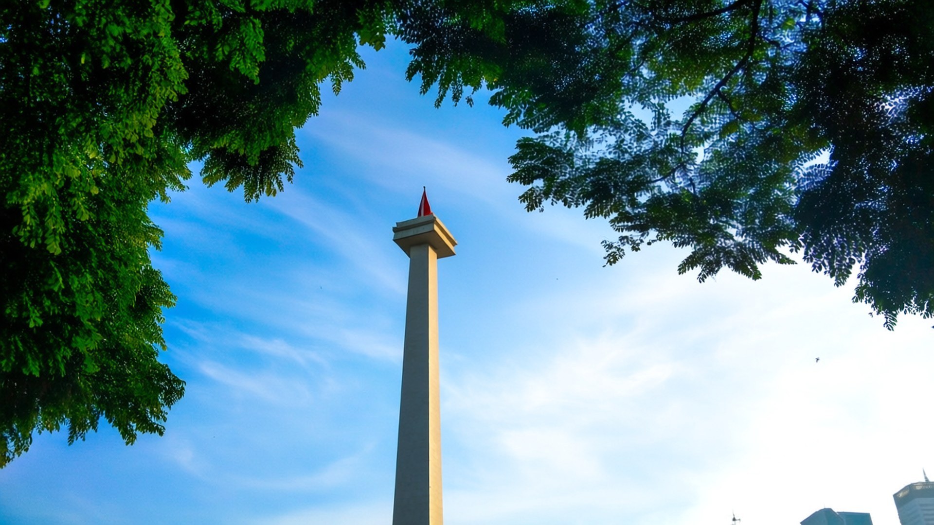 Monas Through Trees 壁紙 — 一座高大的灰色石碑頂端飄揚著紅旗，在晴朗的藍天下聳立，周圍環繞著茂密的綠色樹枝。
