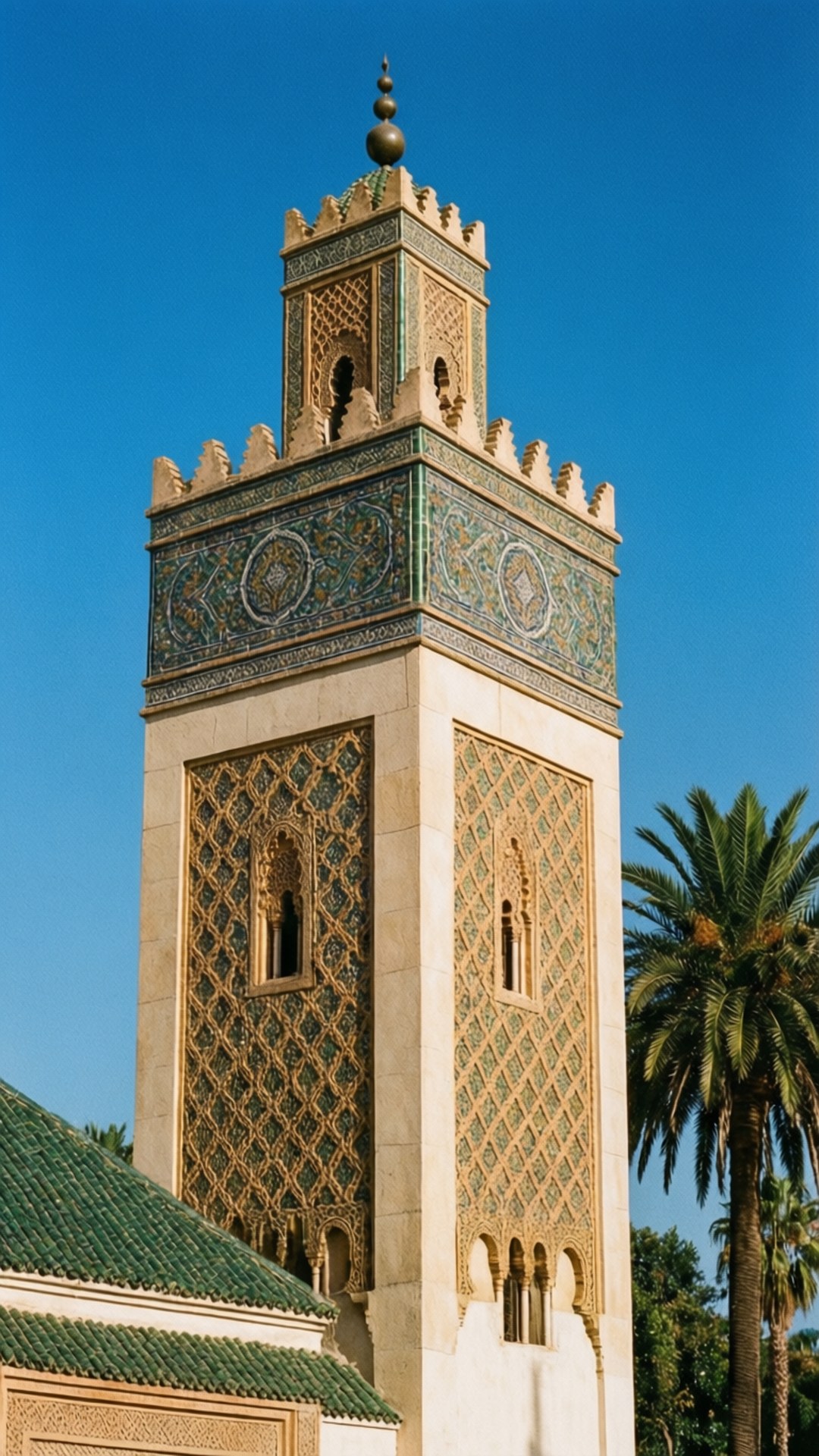 Ketchaoua Mosque Minaret 壁紙 — 一座高聳的裝飾性宣禮塔，帶有複雜的幾何瓷磚工藝和金色點綴，在棕櫚樹旁的清澈藍天下升起。