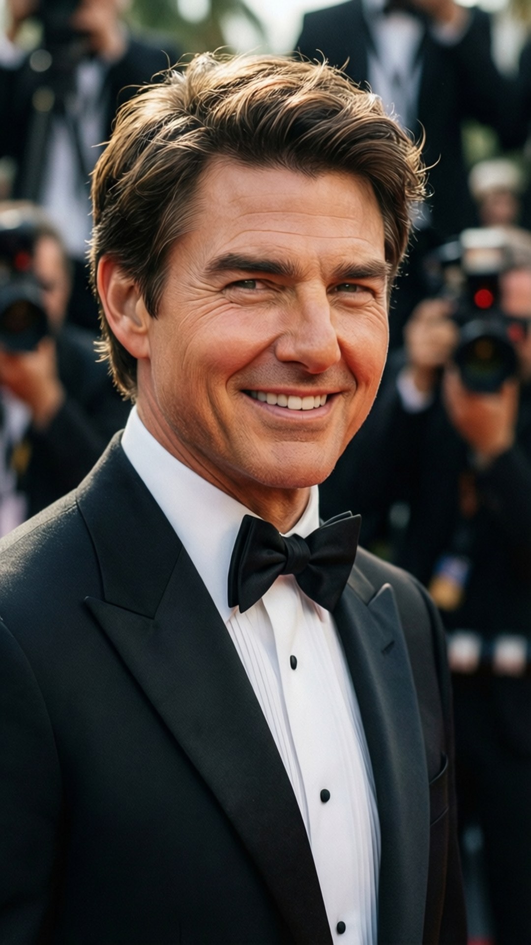 Hollywood Glamour 壁紙 — 湯姆克魯斯穿著黑色禮服和蝴蝶結，在紅地毯活動上燦爛微笑，身後有攝影師。