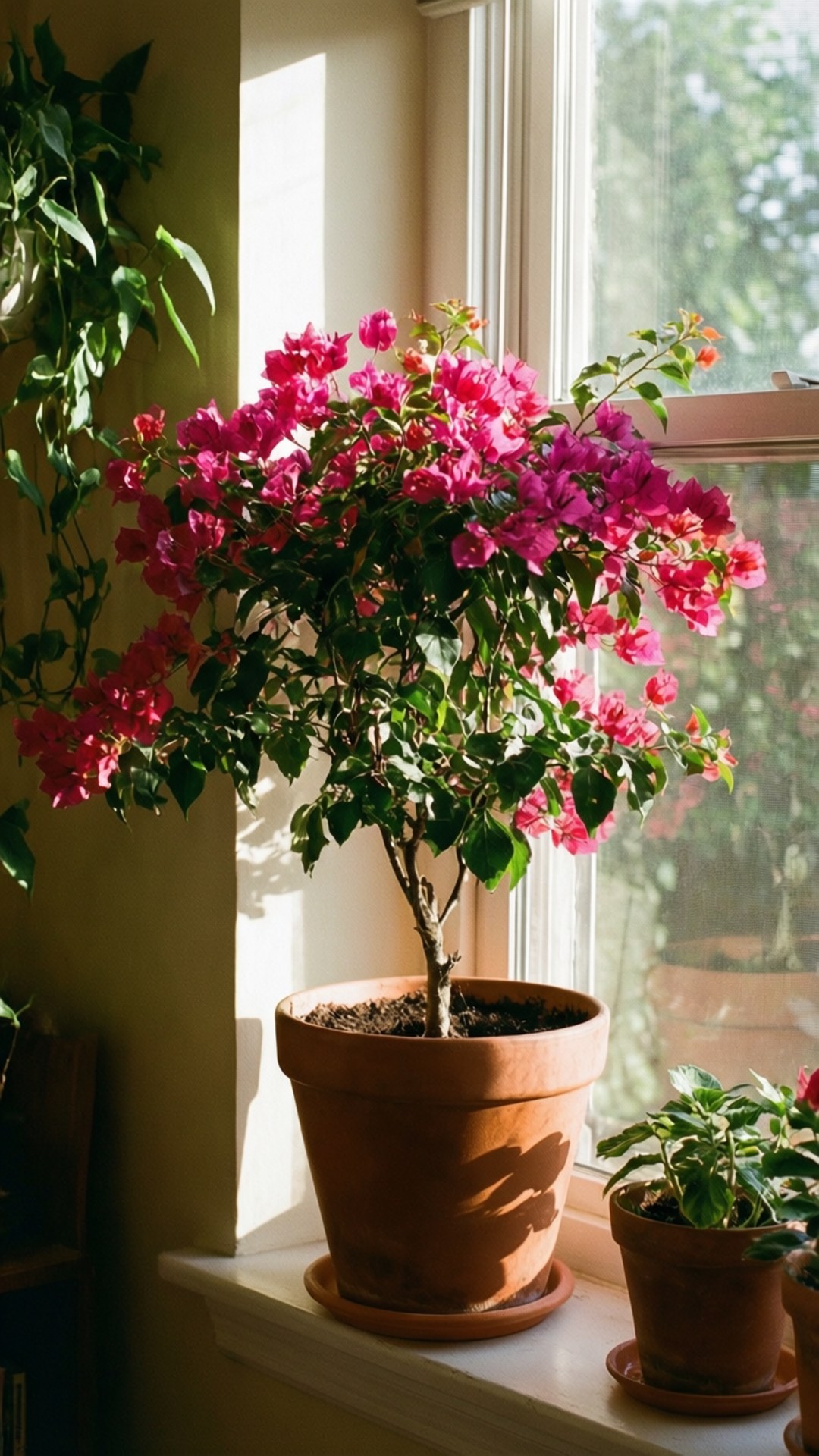 Windowsill Bougainvillea Plant 壁紙 — 一個陶盆盛滿鮮豔的粉紅色九重葛，沐浴在溫暖的陽光中，放在窗台上，旁邊有綠色植物。