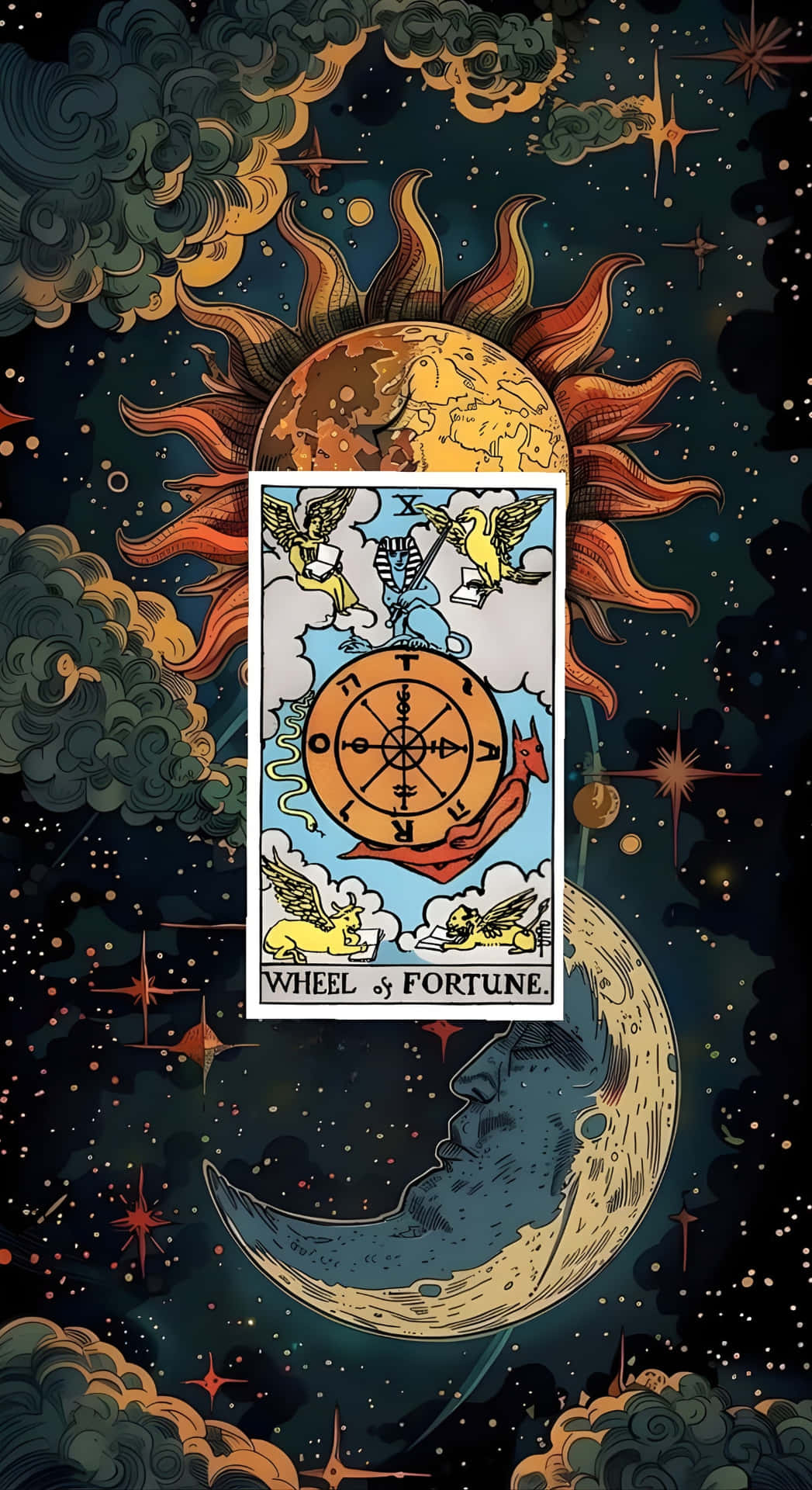  壁紙 — 塔羅牌命運之輪在熾熱的太陽與新月之間發光，周圍是宇宙雲層和星星。