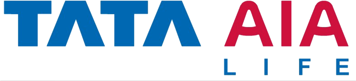 剪貼畫 桌布 壁紙 — Tata AIA Life 標誌，在黑色背景上採用大膽的藍色和紅色字體。