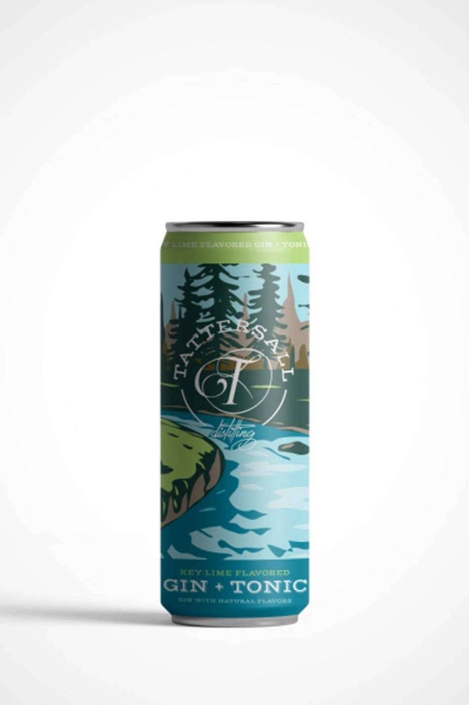 Drink 桌布 壁紙 — Tattersall Key Lime 風味琴酒加通寧水的纖細鋁罐，上面有風格化的森林河流場景，使用清涼的藍色和綠色。