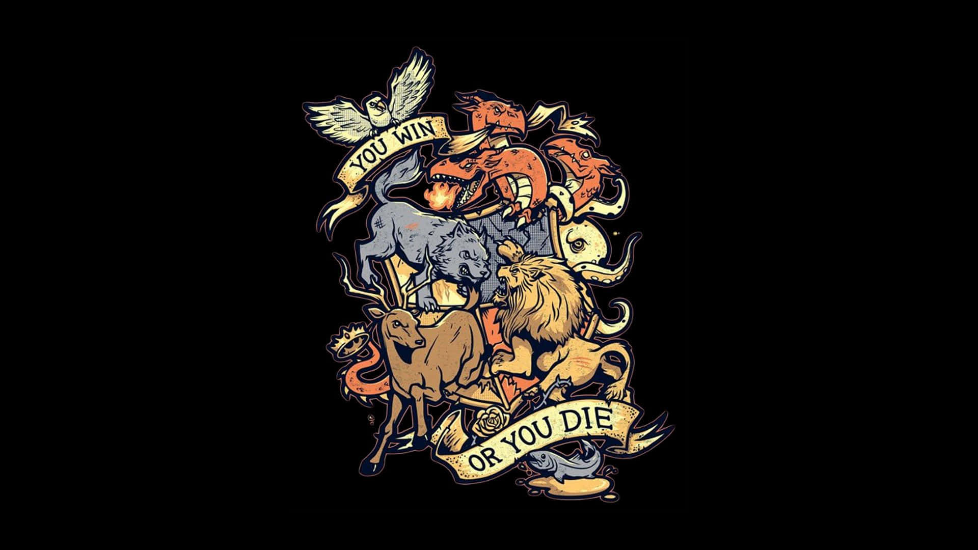 Hogwarts Crest 桌布 壁紙 — 一個大膽的紋身風格插圖，描繪神話中的野獸和一隻鳥，帶有寫著「YOU WIN」和「OR YOU DIE」的橫幅，背景為黑色。