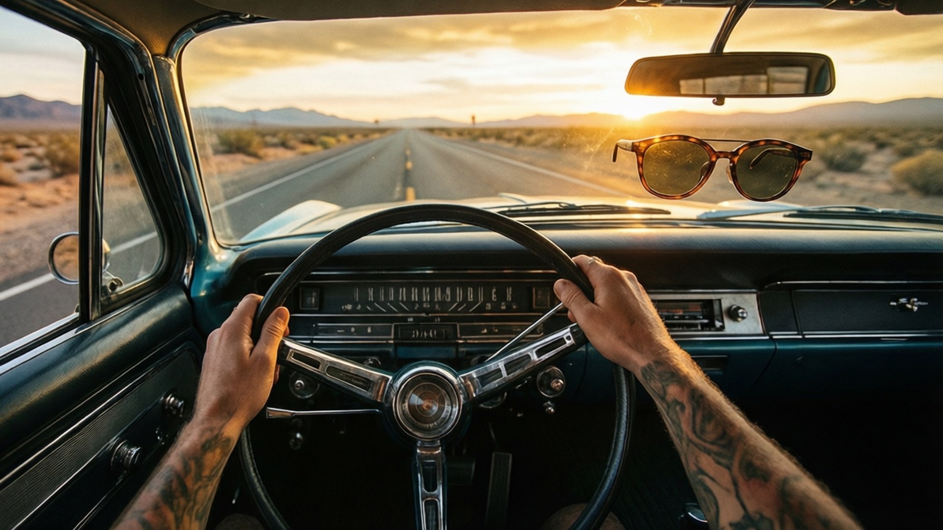 Desert Road Trip 壁紙 — 紋身的手握著復古車的方向盤，金色夕陽穿過擋風玻璃照在沙漠公路上。