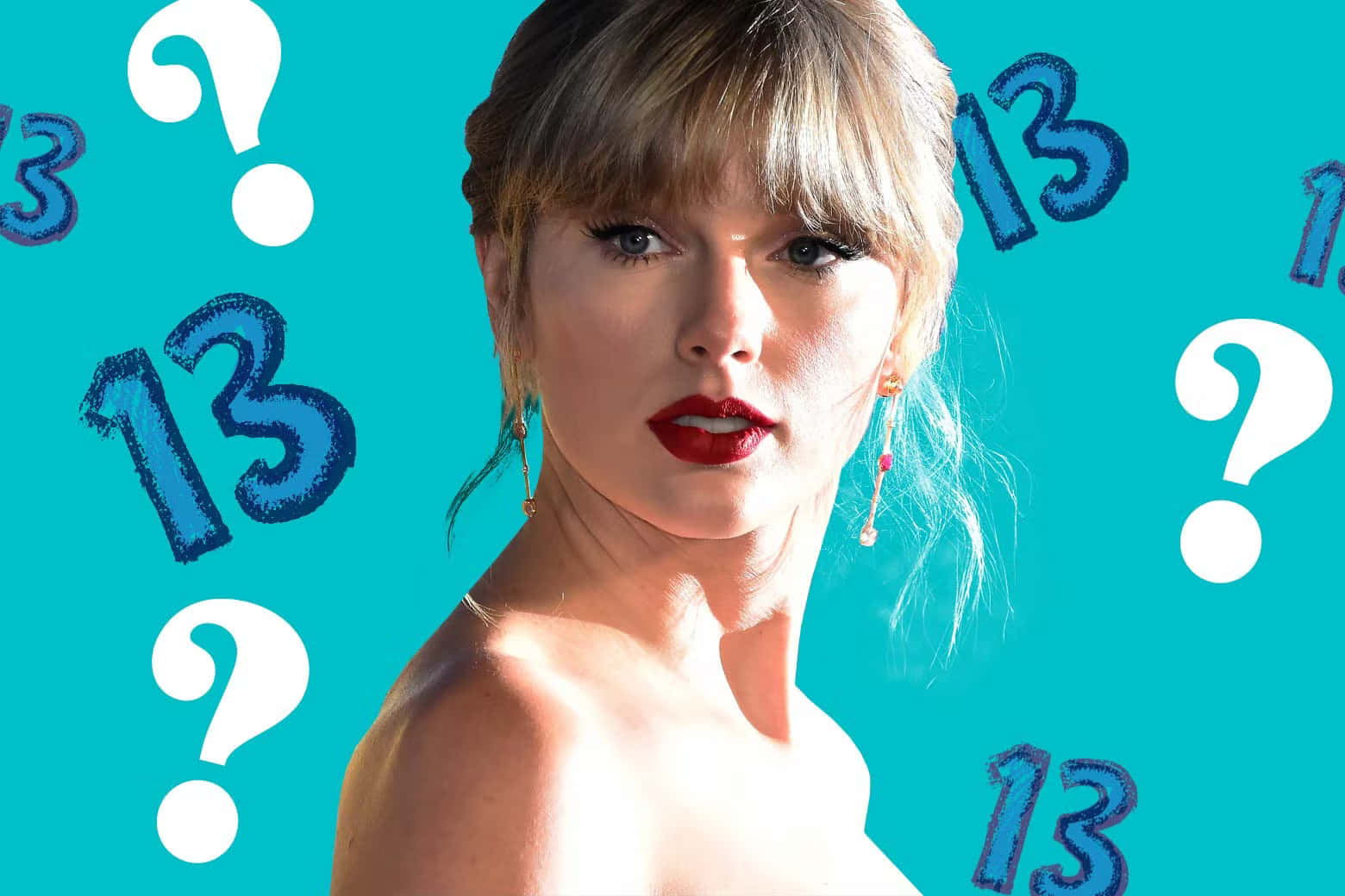 泰勒絲 桌布 壁紙 — Taylor Swift 在一個散落著大膽藍色13和白色問號的青綠色背景前凝視。