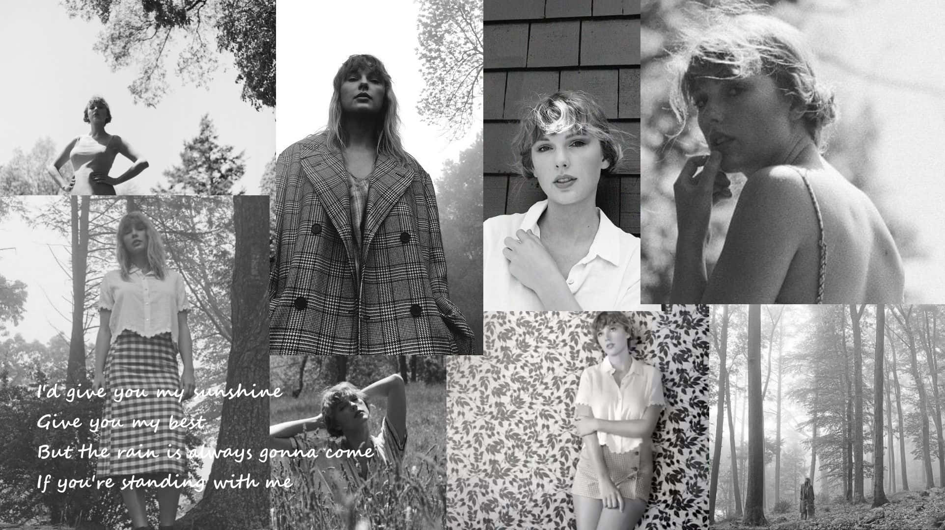 桌布 壁紙 — Taylor Swift 在各種戶外姿勢中穿著格紋外套和圖案服裝的黑白拼貼畫。