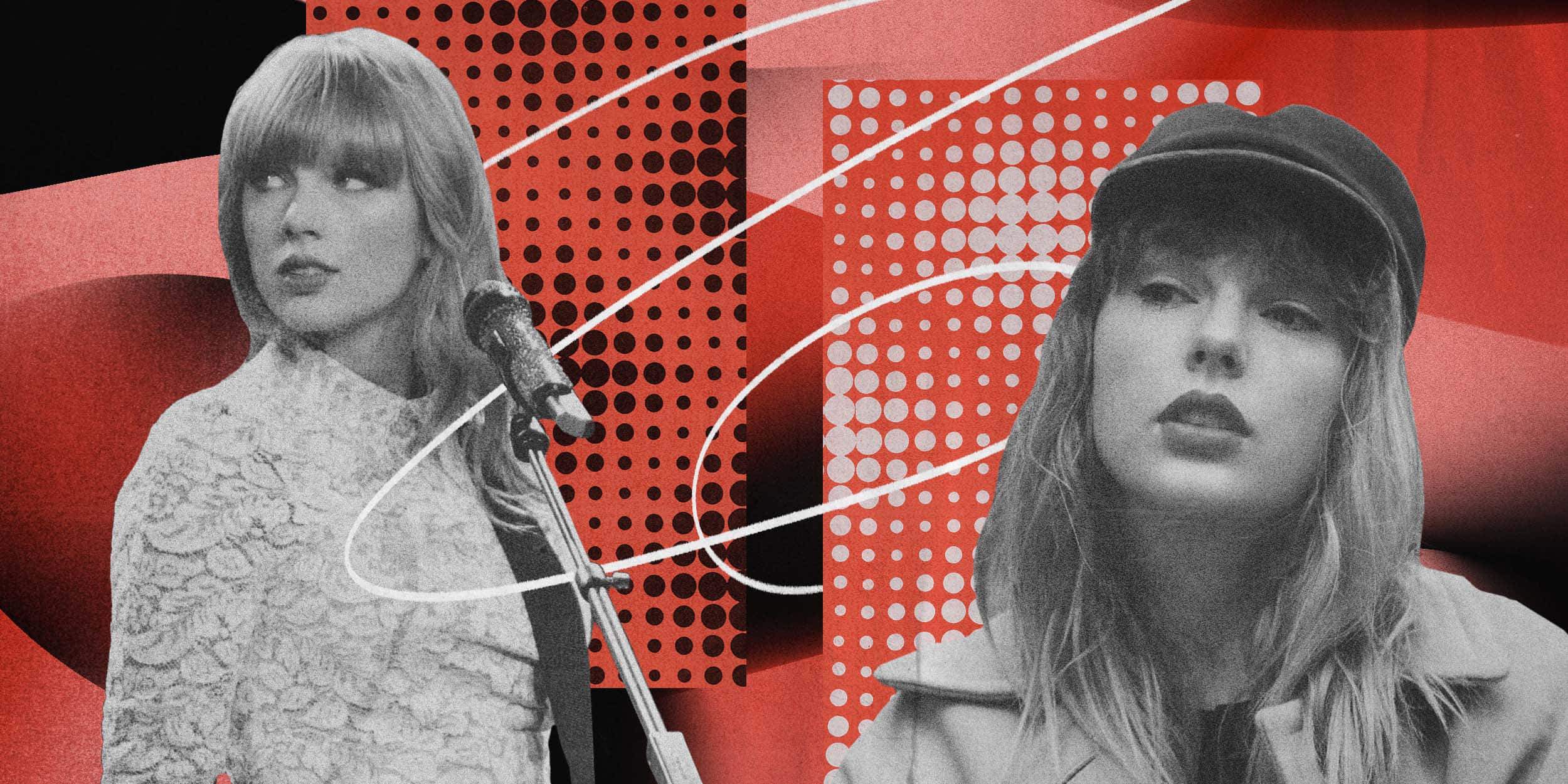 泰勒絲 桌布 壁紙 — Taylor Swift 的黑白分割肖像，以鮮明的紅色背景搭配幾何圓點圖案和白色線條。