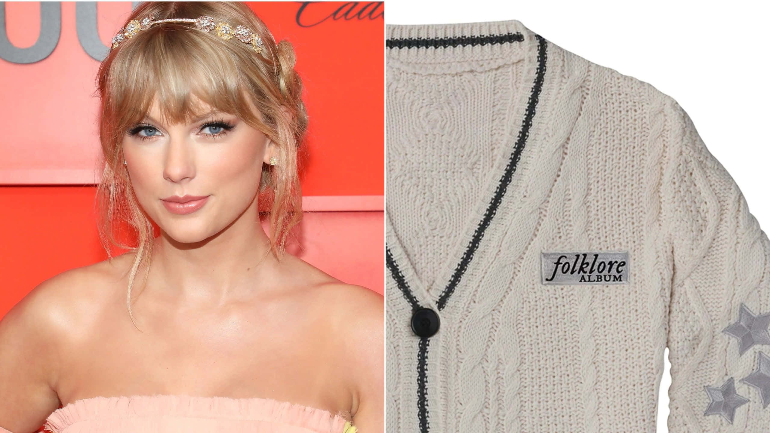 桌布 壁紙 — Taylor Swift 身穿粉紅色連衣裙，戴著珠寶頭帶，旁邊是她米色的 'folklore' 專輯毛衣，上面有星星補丁。