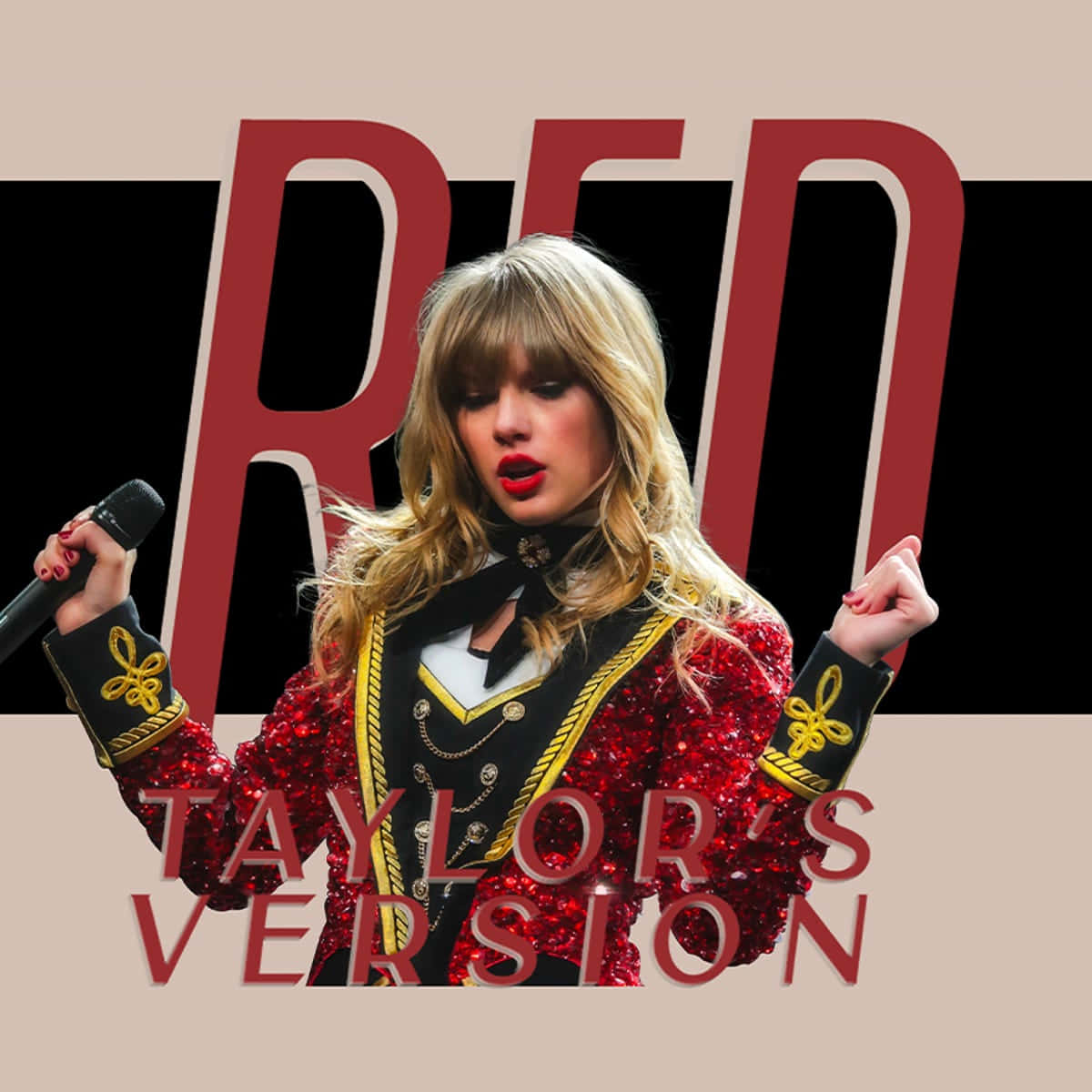 泰勒絲 桌布 壁紙 — Taylor Swift 身穿紅色金色飾邊亮片外套，在搶眼的紅黑 'RED' 專輯封面背景前對著麥克風唱歌。