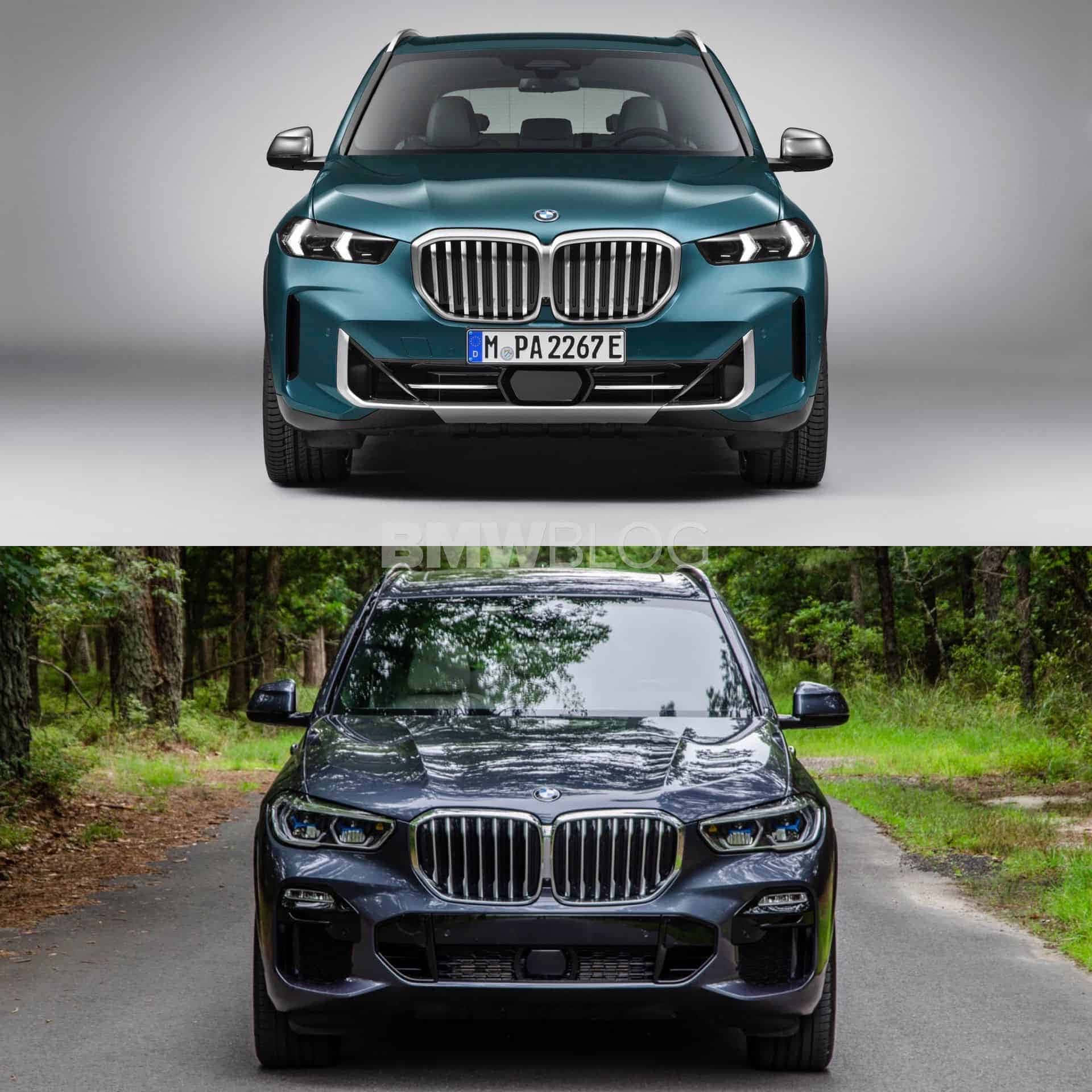 Bmw X5 桌布 壁紙 — Teal BMW X5 正面視圖工作室拍攝，上方深灰色X5在森林道路上行駛。