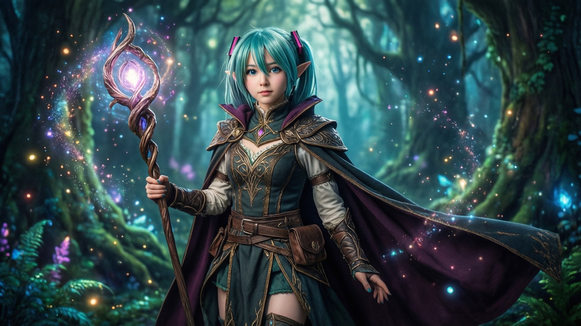 Fantasy Miku Mage 壁紙 — 一位青綠色頭髮的精靈法師穿著華麗盔甲，在充滿浮游光芒和古樹的神秘森林中手持發光法杖。