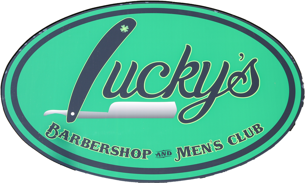 Barber Shop 桌布 壁紙 — Lucky's Barbershop and Men's Club 的藍綠色橢圓形標誌，上面有黑色剃刀和四葉草，下方是風格化字體。
