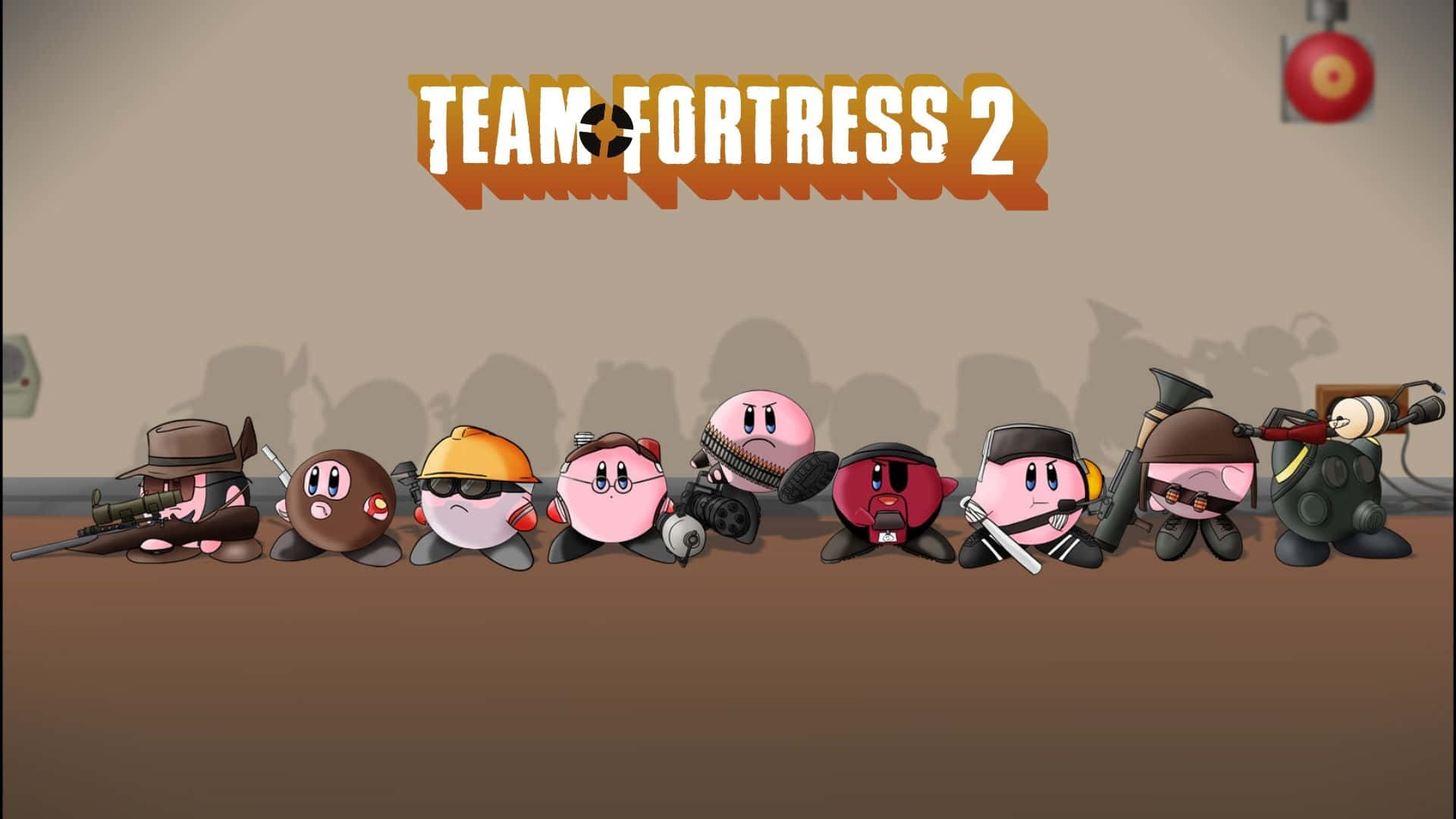 1920x1080 Tf2 桌布 壁紙 — Team Fortress 2 角色以 Kirby 風格排列成一行，手持武器，背景為米色牆壁，上方有遊戲標誌。